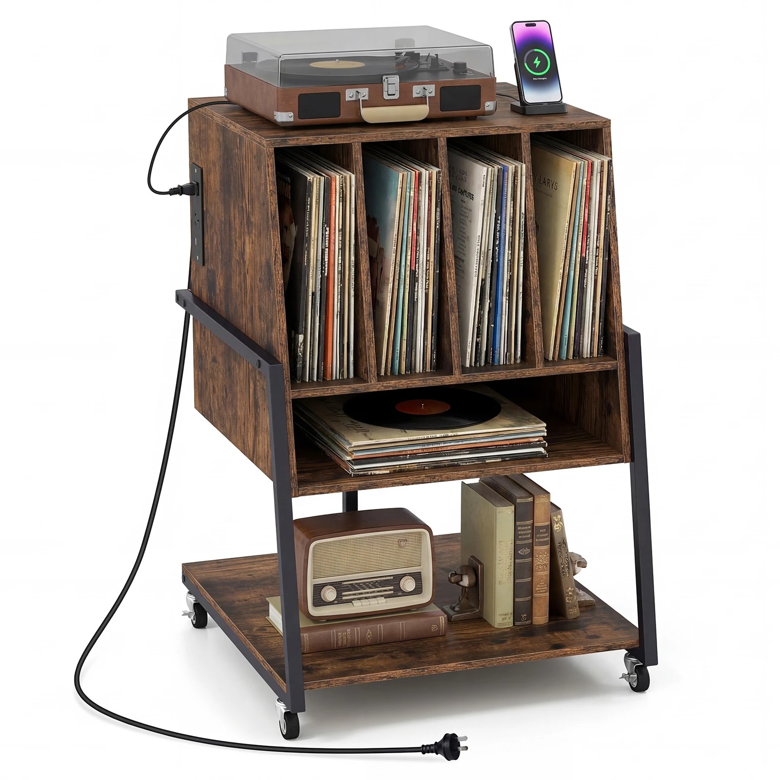 5 Costway Rolling Record Player Stand w/Charging Station Vinyl Storage Holder, 5 of 5