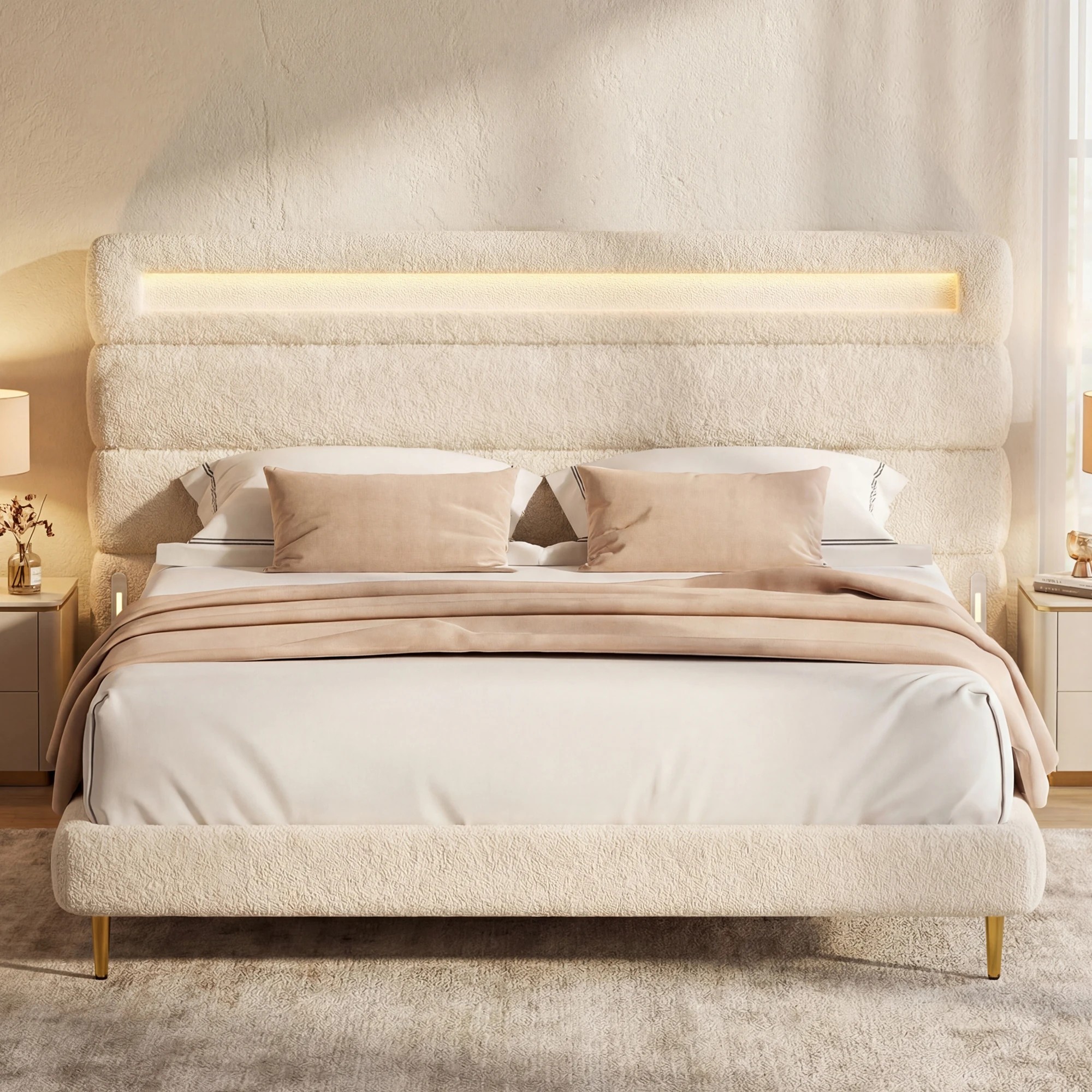 6 Advwin Double Cloud Bed Frame Teddy Fleece Upholstered LED Light Charging Ports - White, 6 of 8