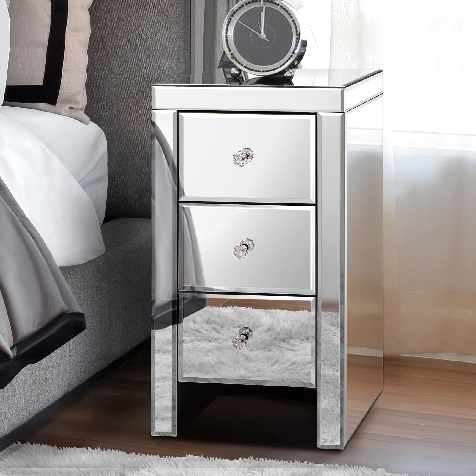 2 Alfordson Bedside Table Mirrored Cabinet Nightstand Side End Table Drawers - Silver, 2 of 10