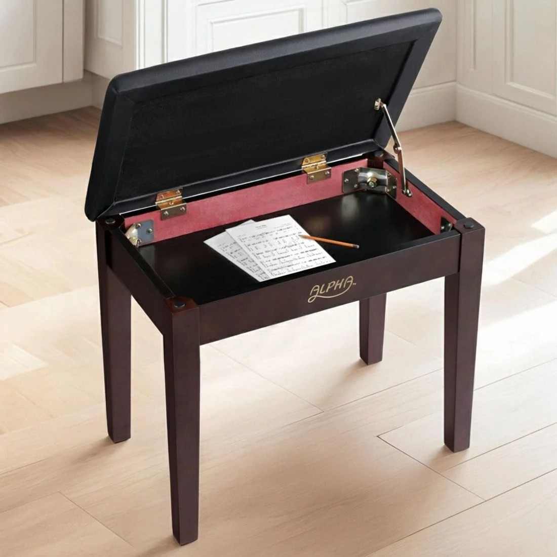 5 Alpha Piano Bench Stool with Storage Wooden PU Leather - Black, 5 of 7