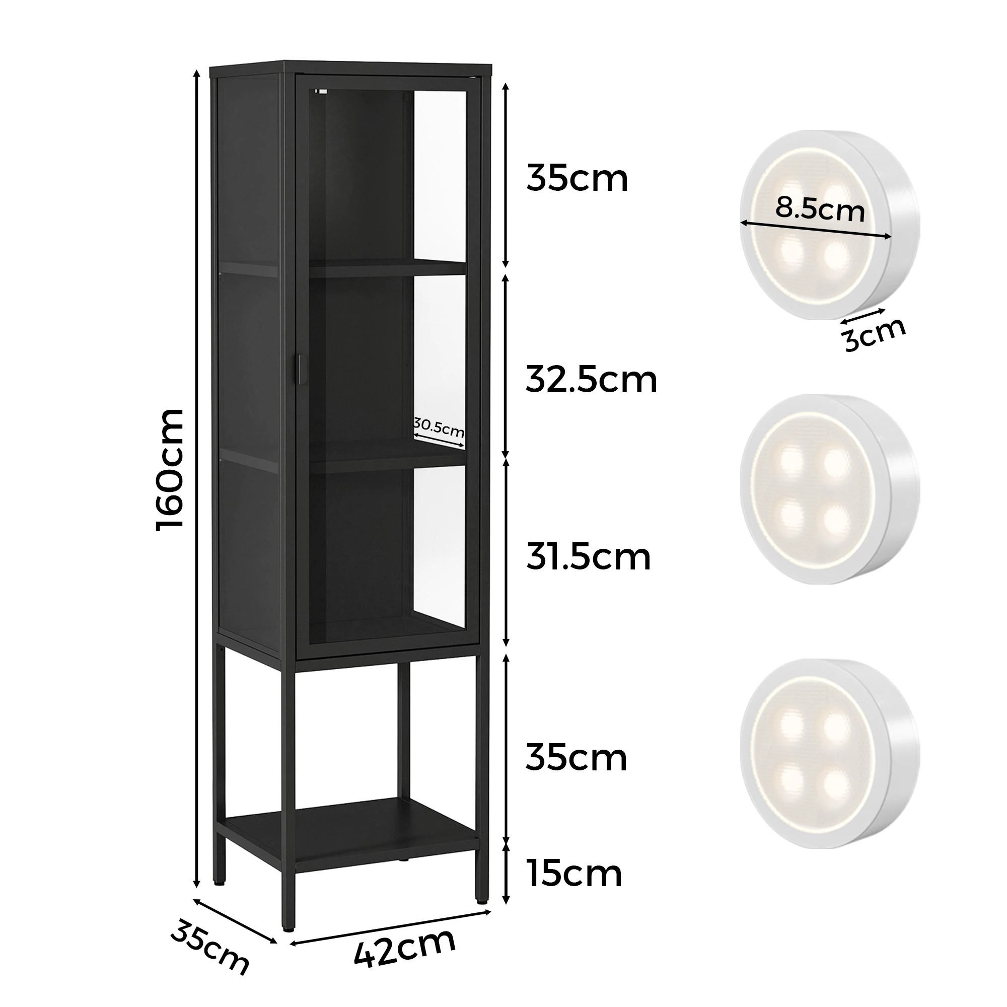 3 Stacked Glass Display Cabinet 4-Tier with LED Lights - Black, 3 of 9