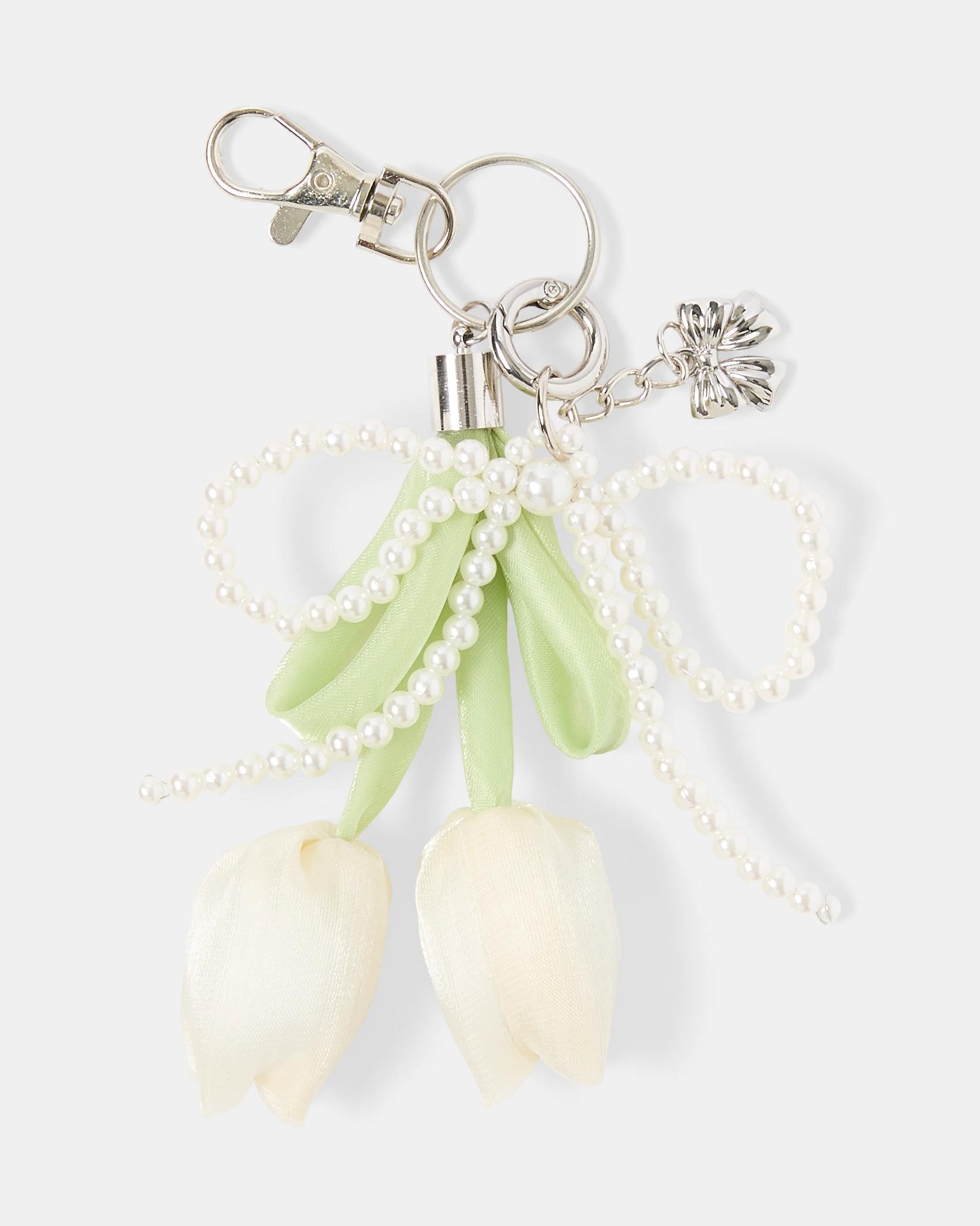 2 Tulip Faux Pearl Bag Charm Keyring - White, Green and Silver Tone White2, 2 of 3