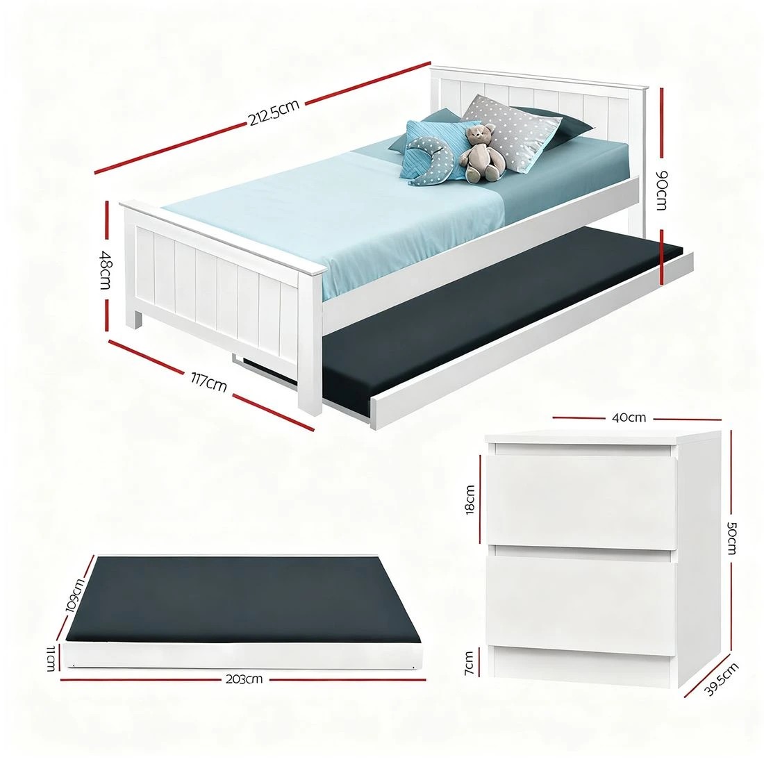 3 Artiss King Single Bed Frame and Bedside Table - White, 3 of 9