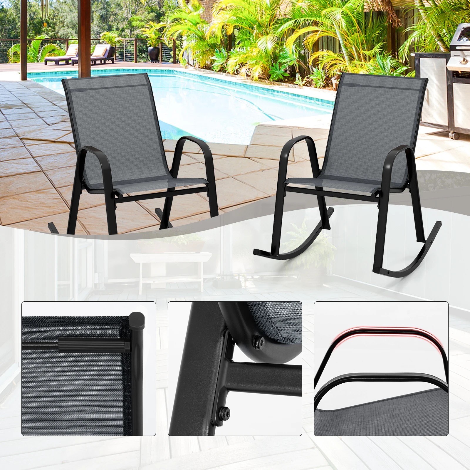 3 Costway 2pcs Patio Rocking Chair Ergonomic Rockers w/Breathable Fabric Seat - Black, 3 of 5