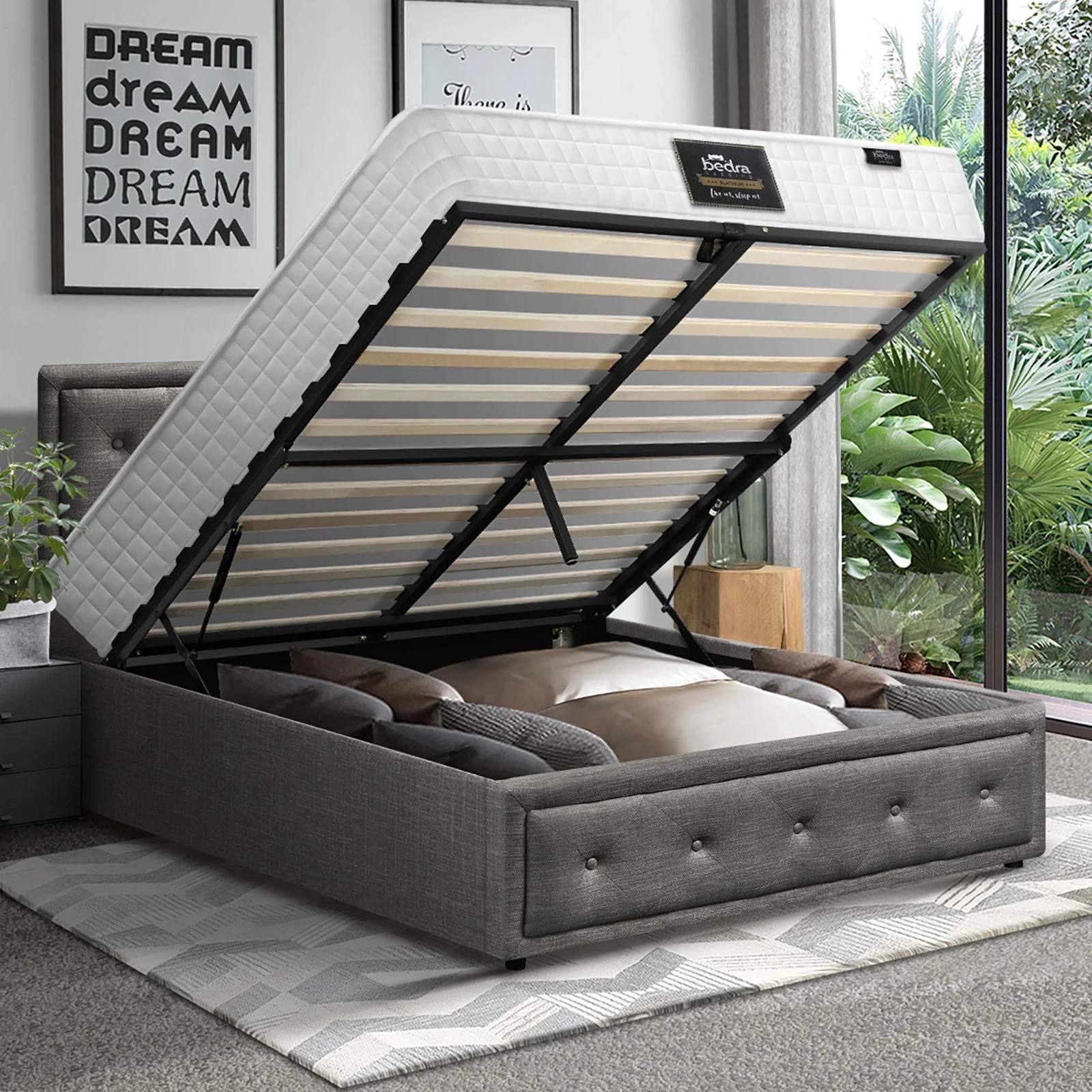 5 Oikiture Bed Frame King Single Gas Lift Storage with Mattress ENZO - Grey, 5 of 8