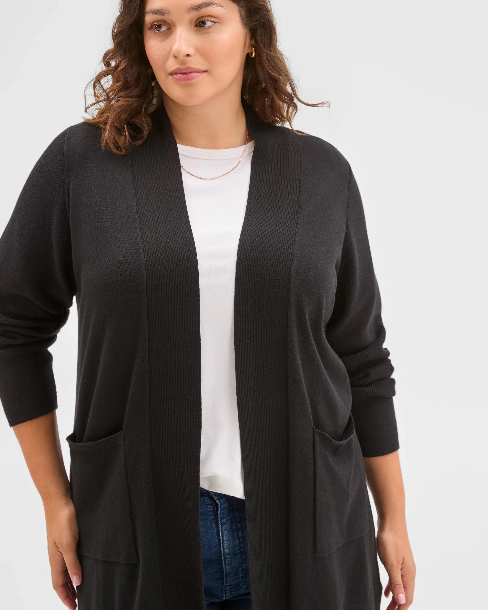 6 Target Curve Curve Australian Cotton Blend Edge To Edge Longline Rib Cardigan BLACK, 6 of 6