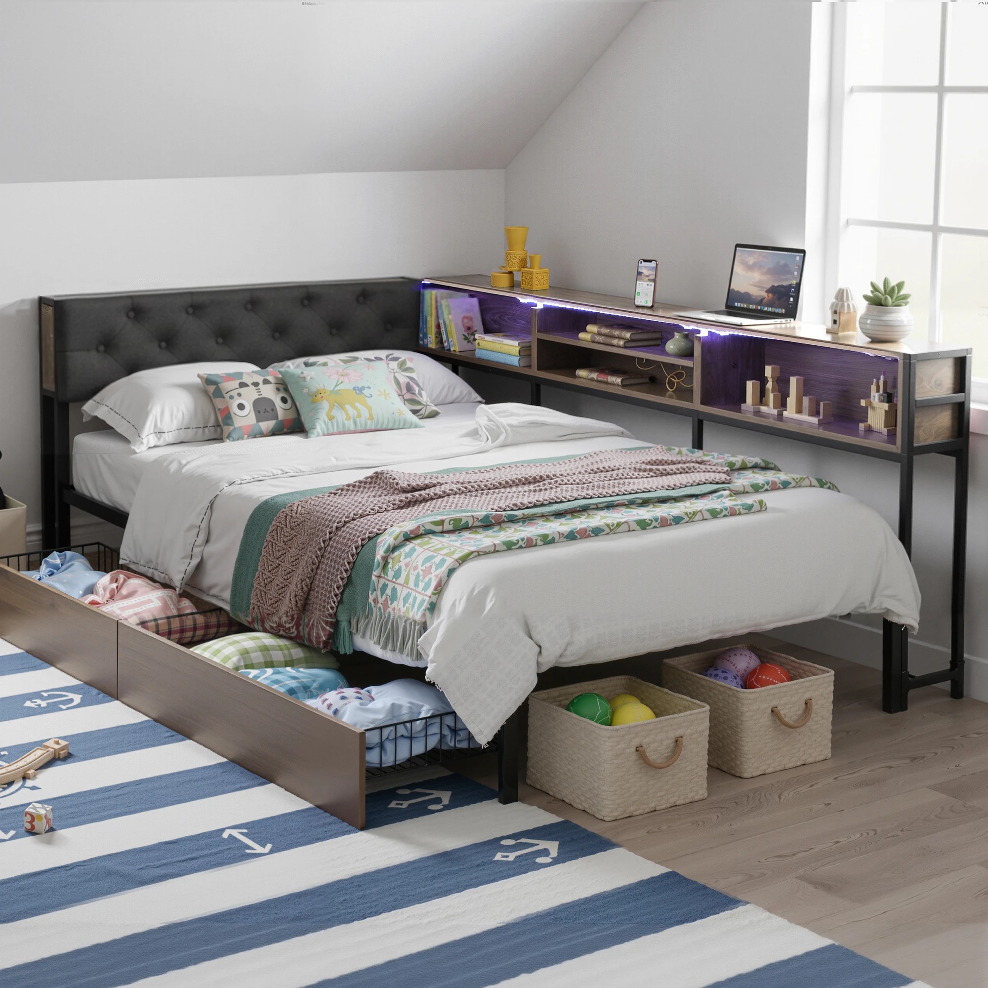 6 Artiss Bed Frame King Single Size with 2 Drawers and Charging Station Metal Corner - Multi, 6 of 9