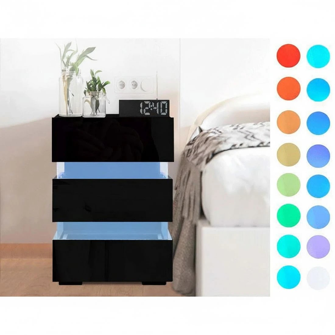 5 Artiss Bedside Table LED 3 Drawers - LUMI - Black, 5 of 6