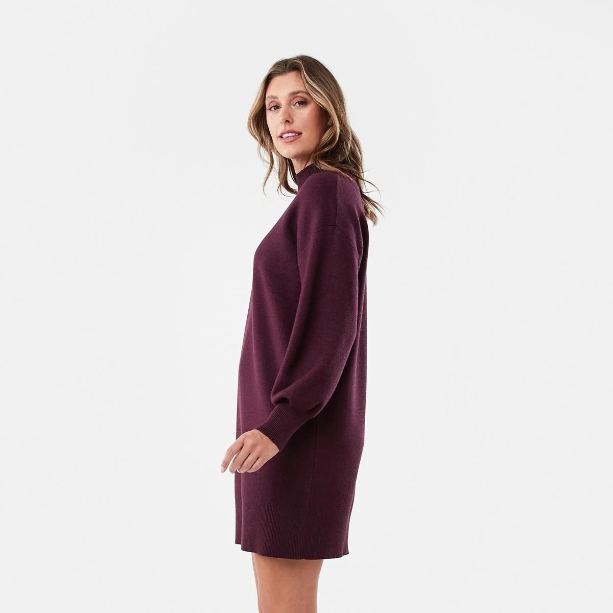 2 Long Sleeve Mock Neck True Knit Mini Dress Mulberry, 2 of 7