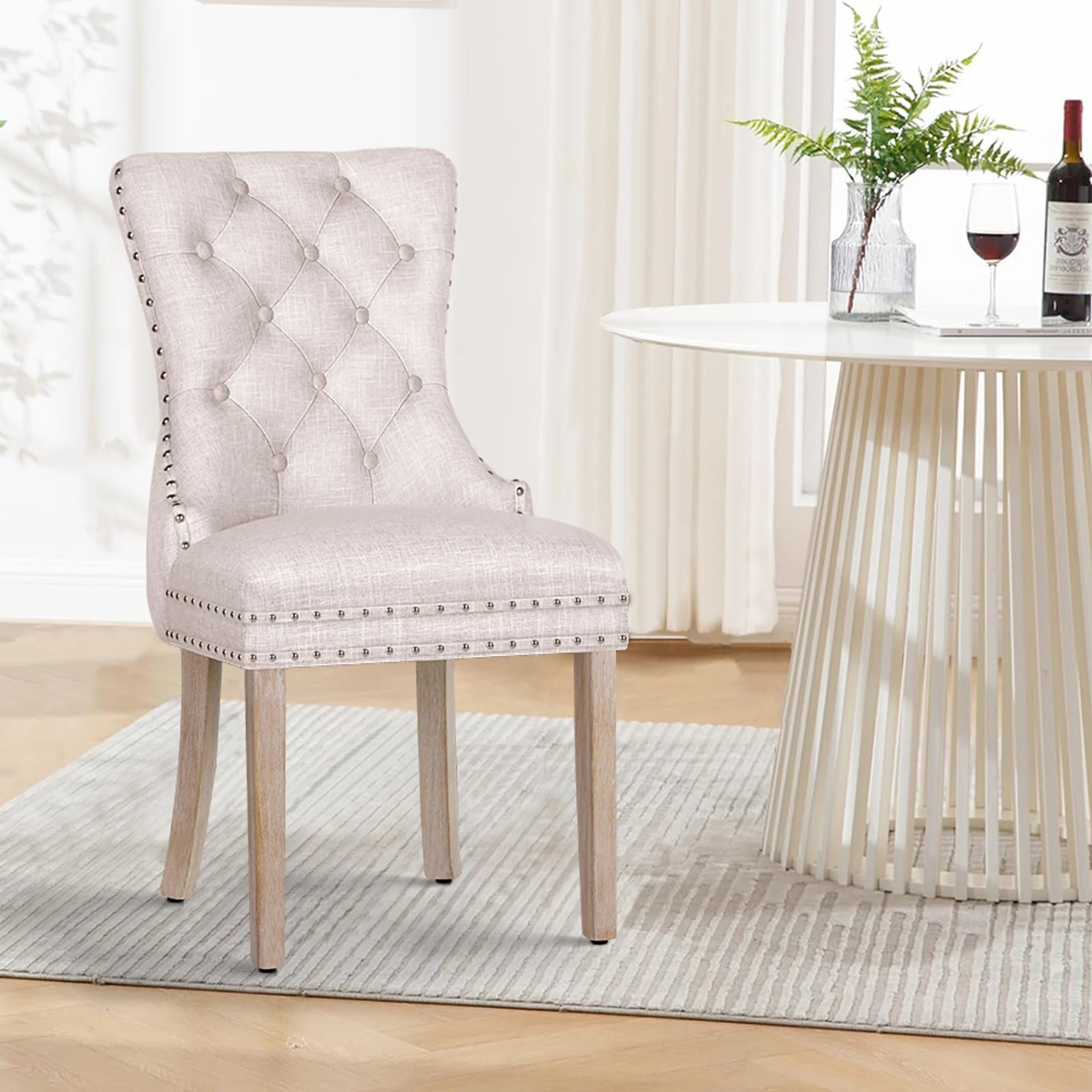 3 Alfordson 2x Dining Chair Kitchen Lounge Retro Button Tufted Wooden Fabric - Beige, 3 of 10