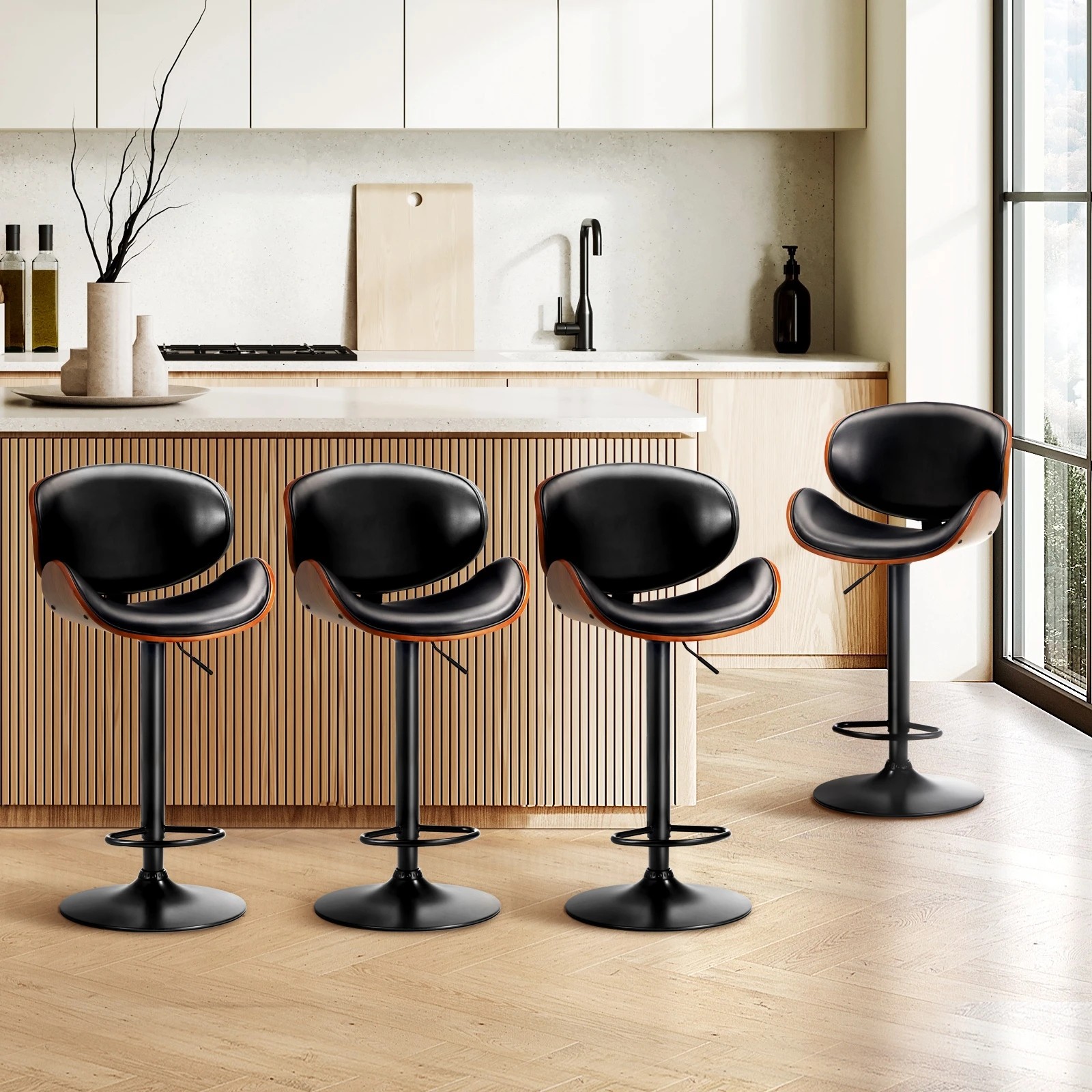 2 Oikiture Set Of 4 Bar Stools Kitchen Stool Swivel Chair Wooden Leather Gas Lift
 - Black, 2 of 8