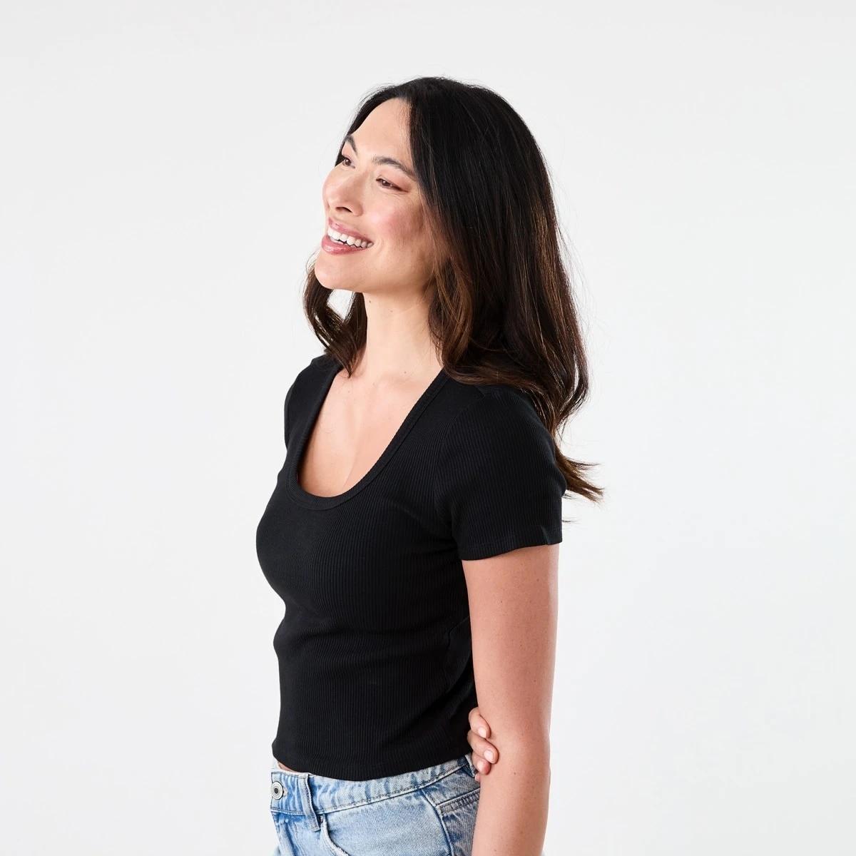 2 Short Sleeve Rib Square Neck T-shirt Black, 2 of 5