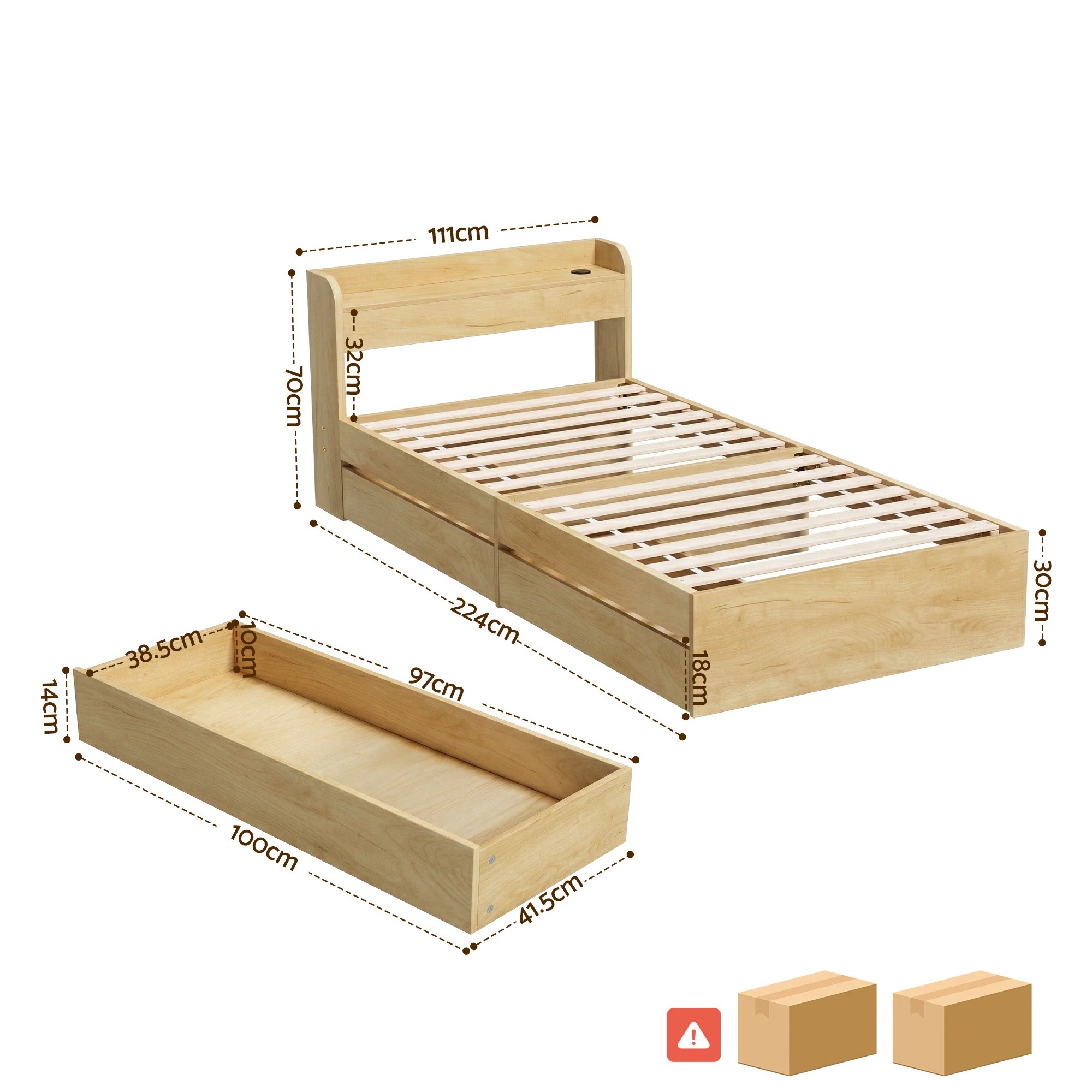 3 Artiss King Single Bed Frame with 2 Drawer Platform Bed Base with USB Ports - Natural, 3 of 9