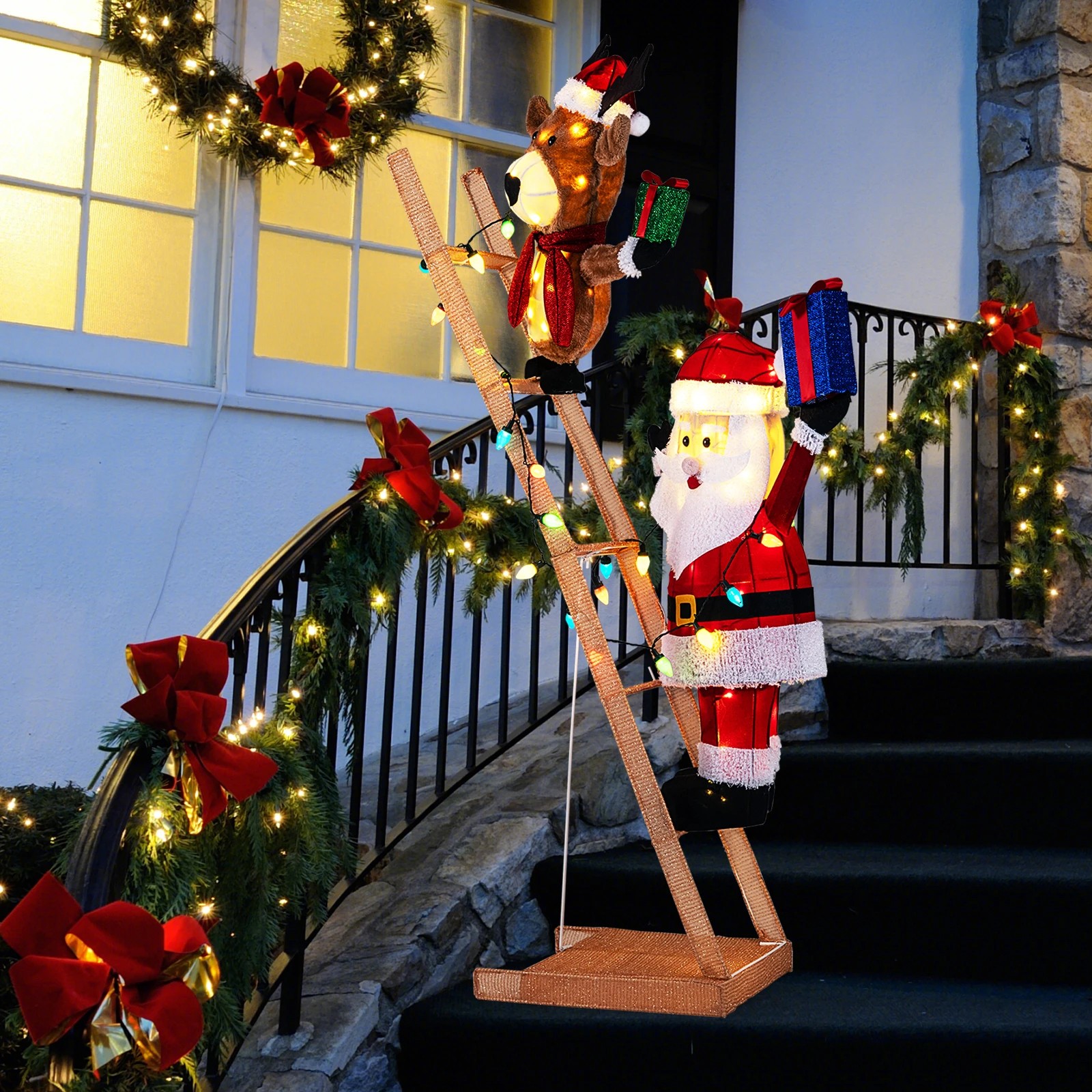 4 Costway Christmas Lighted Reindeer & Santa Claus on Ladder 166cm Pre-Lit Xmas Decoration, 4 of 5