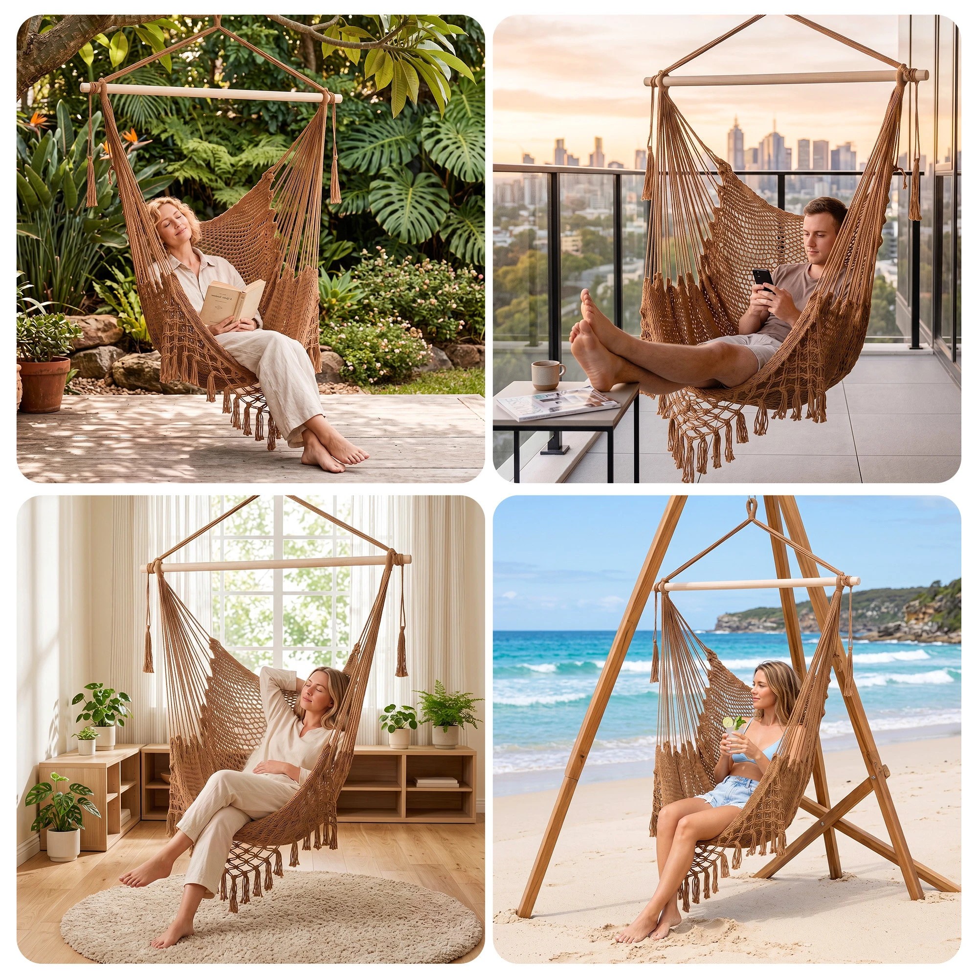 8 Gardeon Hammock Chair Outdoor Furniture Camping Hanging Chair with Spreader Bar Tassels - Brown, 8 of 8
