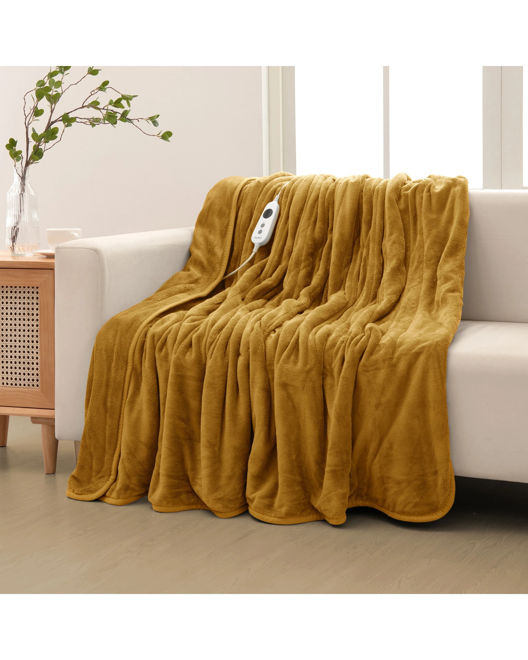 1 Dreamaker Kingston Coral Fleece Electric Heated Throw Blanket 180x200cm - Mustard, 1 of 7