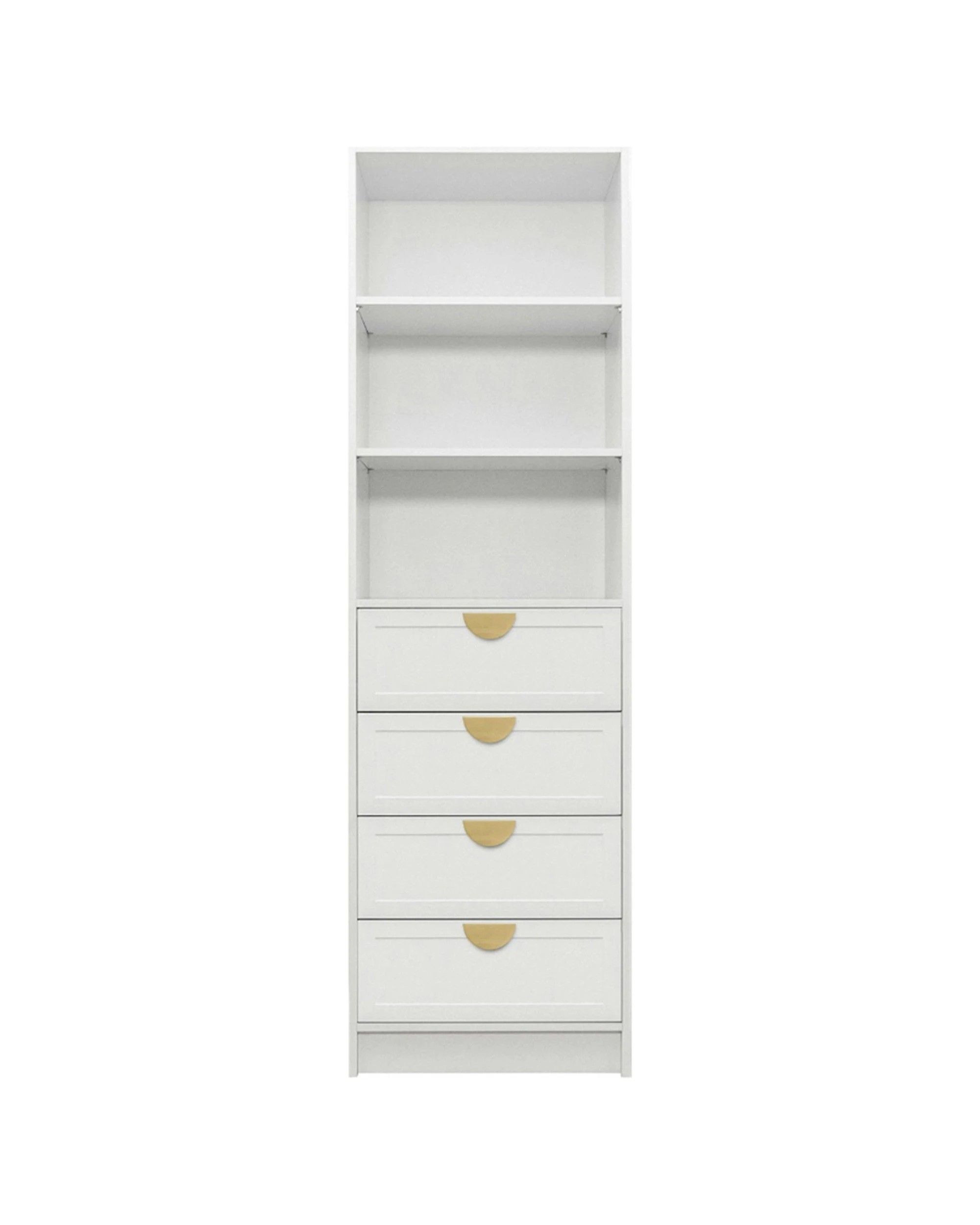 1 European Cabinetry Malmo 3 Shelf 4 Drawer Walk In Wardrobe Hamptons Brass Half Moon Handle - White, 1 of 2