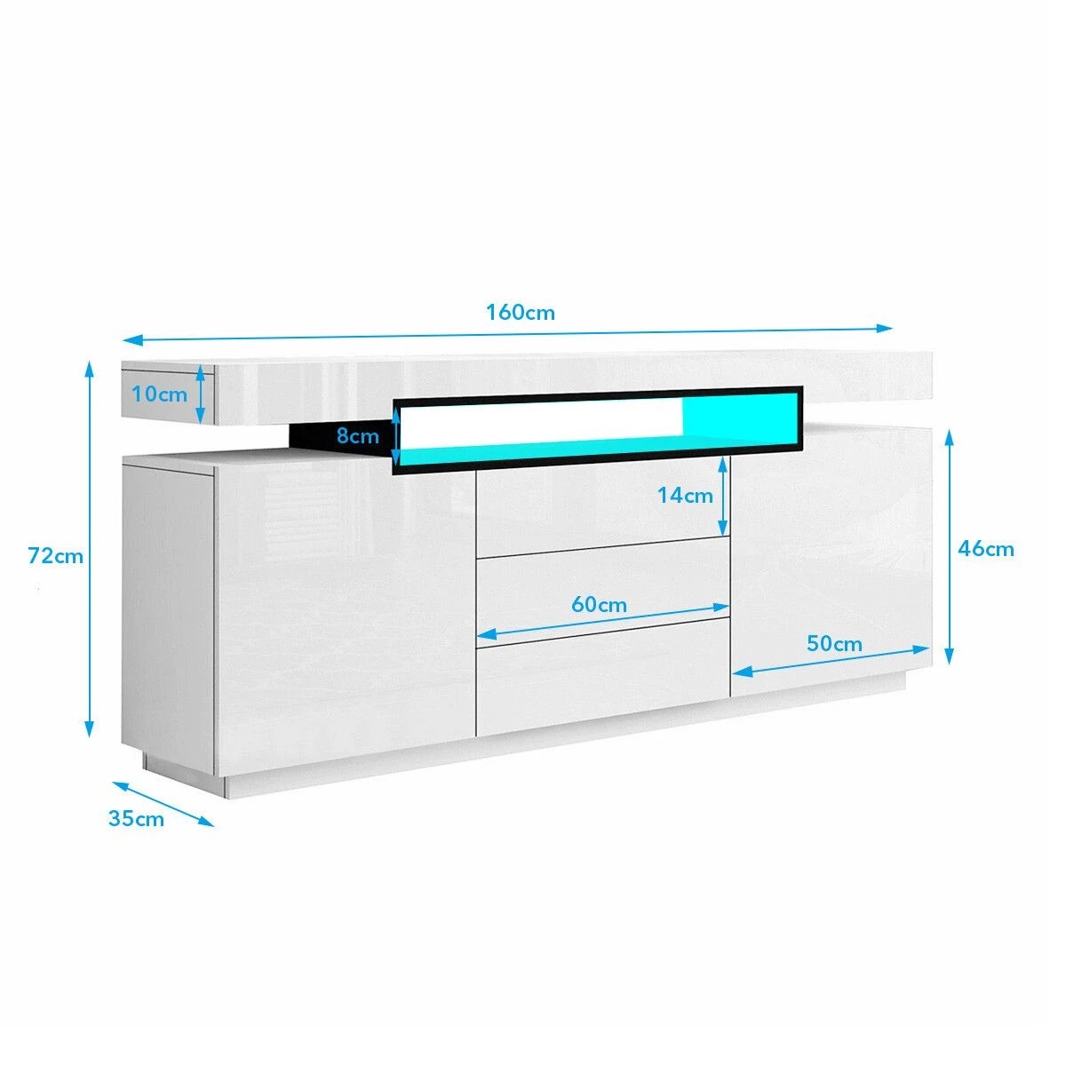 8 Ausway LED Sideboard TV Stand Cabinet Entertainment Unit Buffet Table High Gloss 3 Drawers, 8 of 8