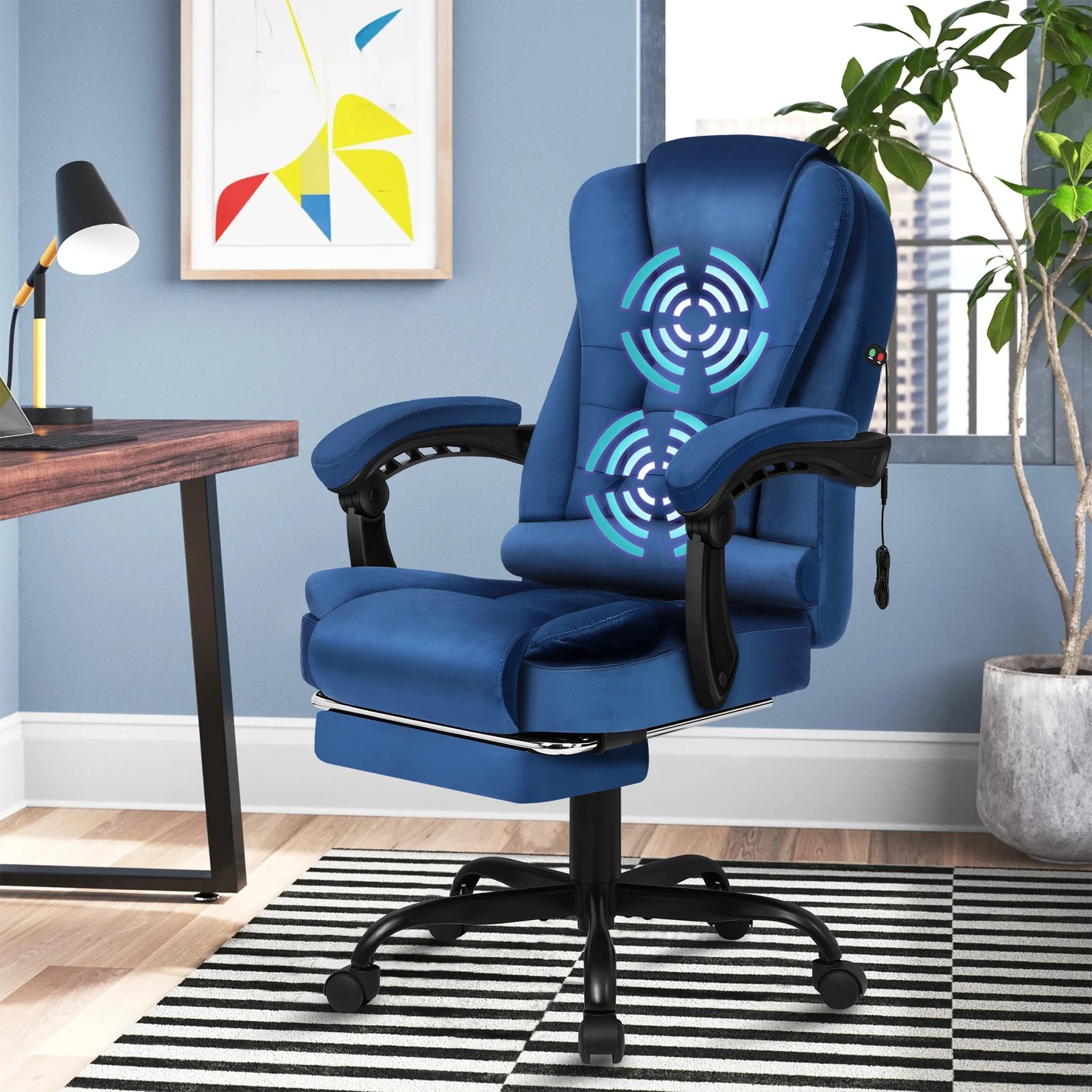 2 Alfordson Massage Office Chair Velvet Footrest Executive Gaming Racing Seat - Blue, 2 of 10