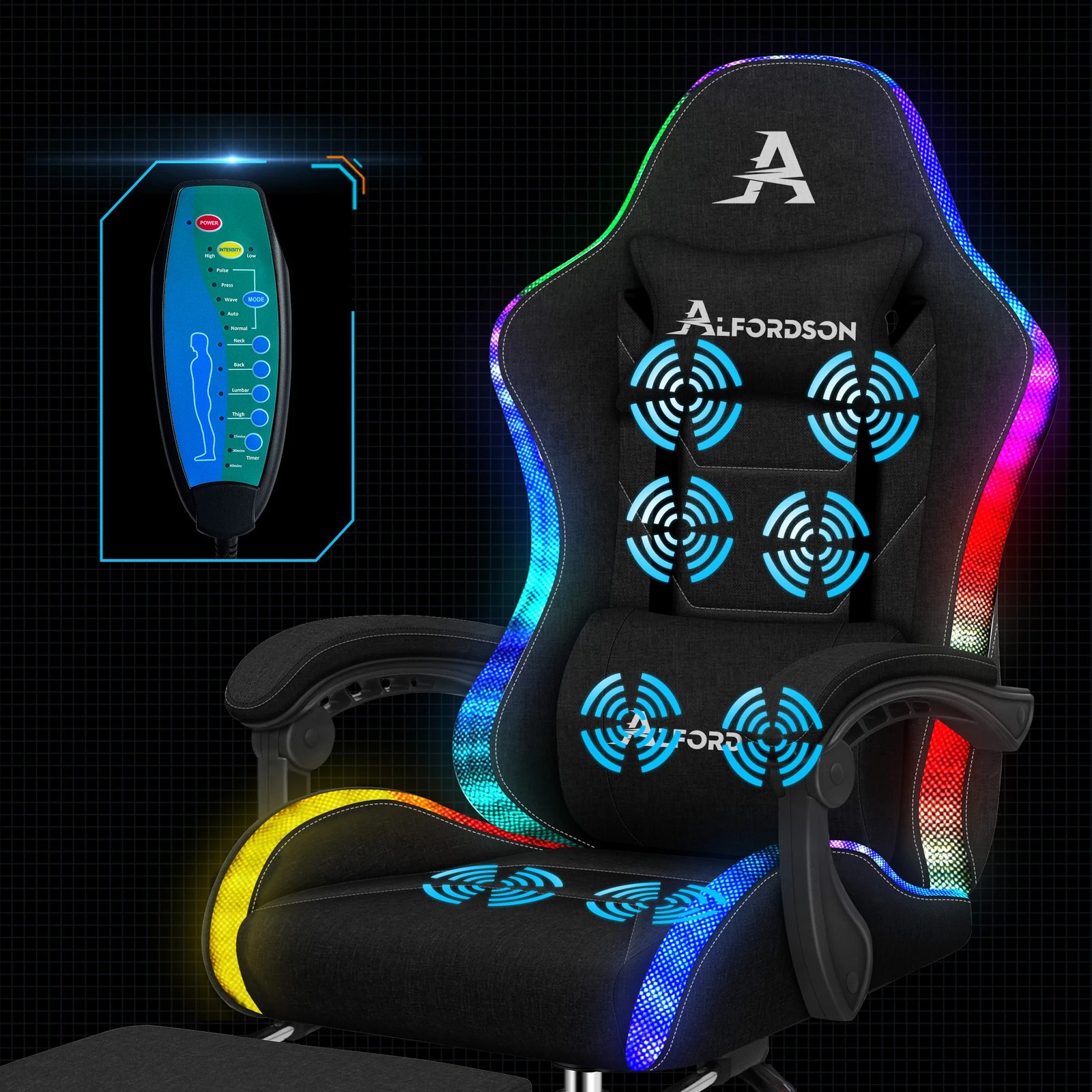 4 Alfordson Gaming Chair Office Massage 12 RGB LED Computer Fabric - All Black, 4 of 10