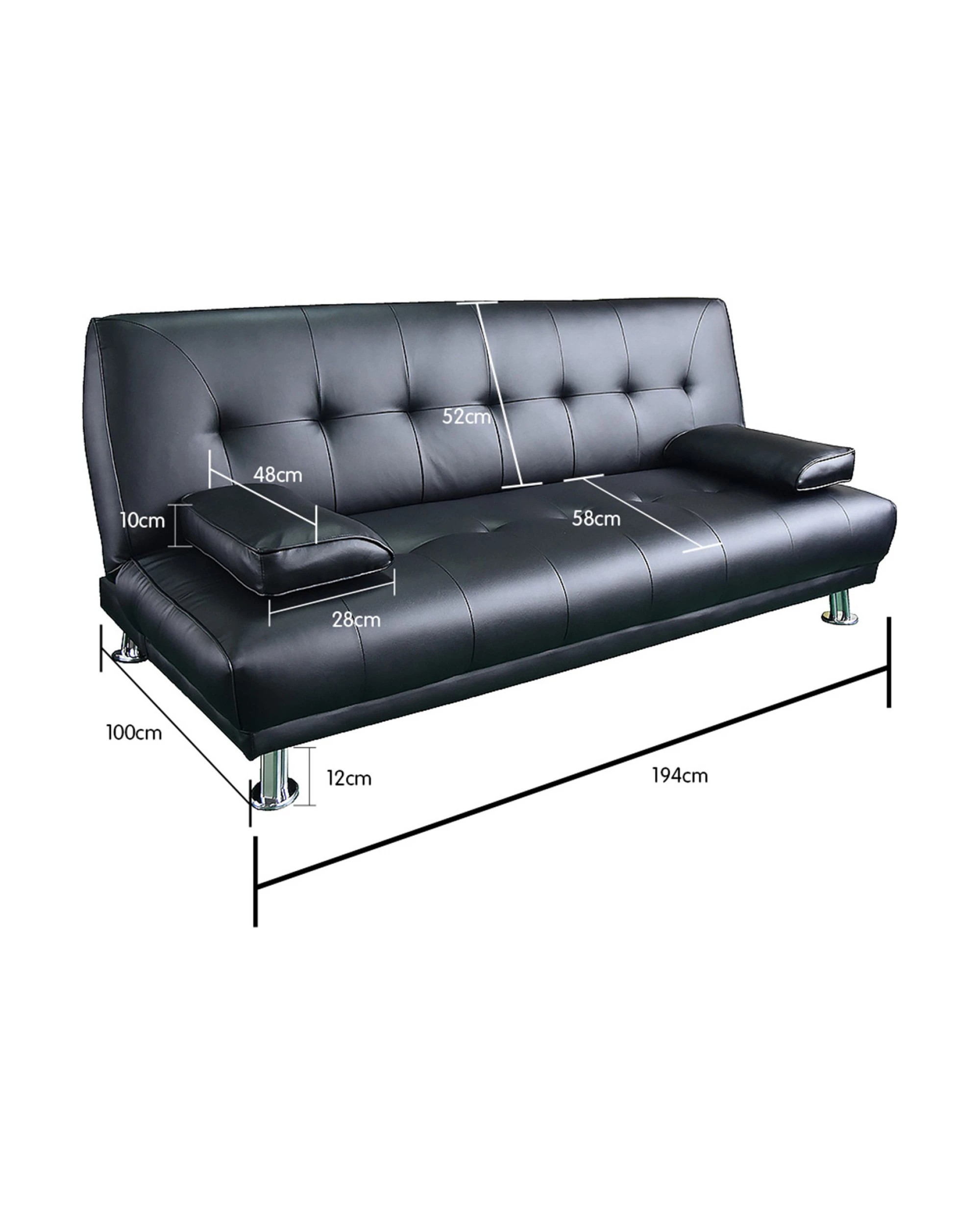 4 Sarantino 3 Seater Faux Leather Sofa Bed Couch Lounge Futon - Black, 4 of 5