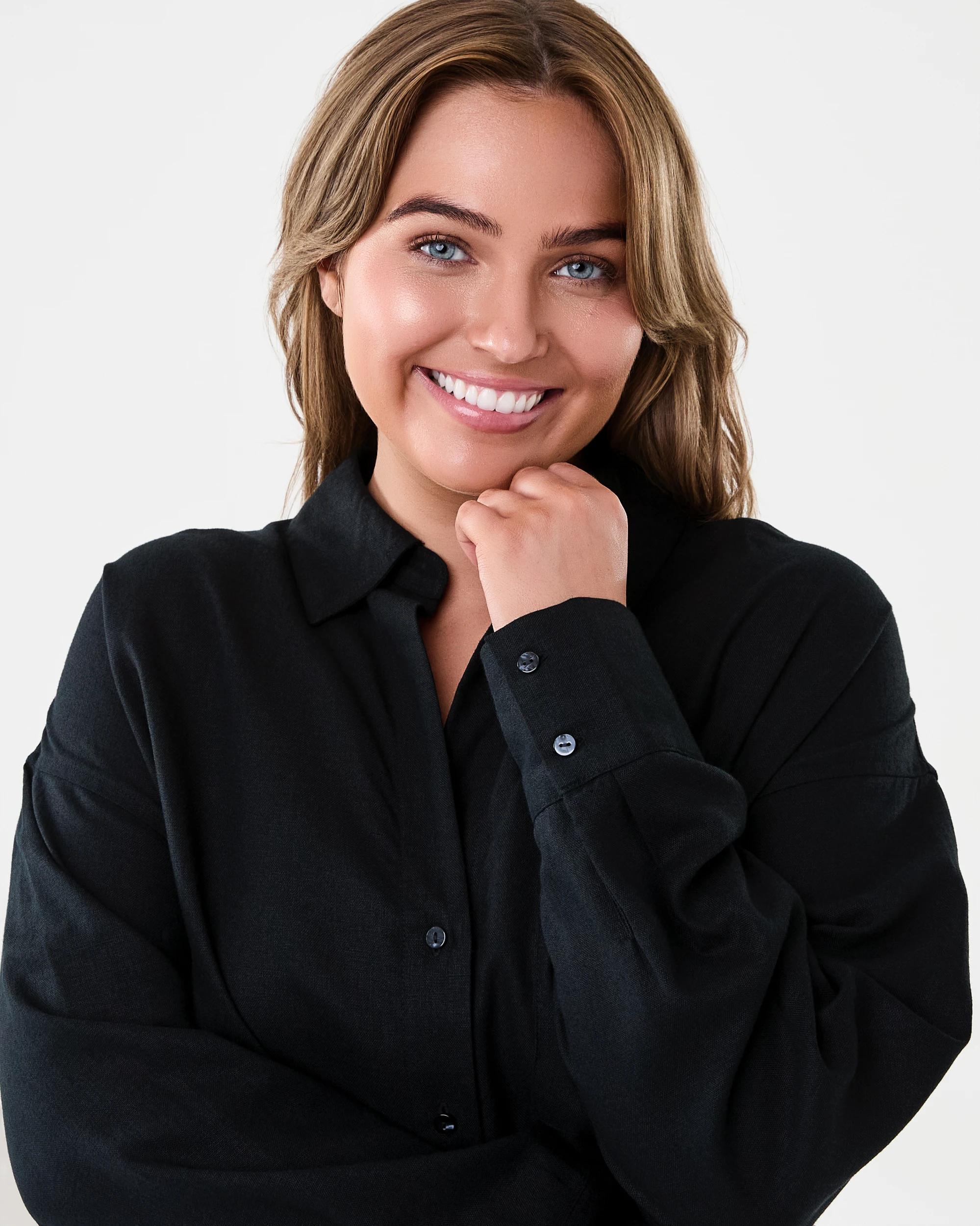 4 Long Sleeve Oversized Linen Blend Shirt Black, 4 of 8