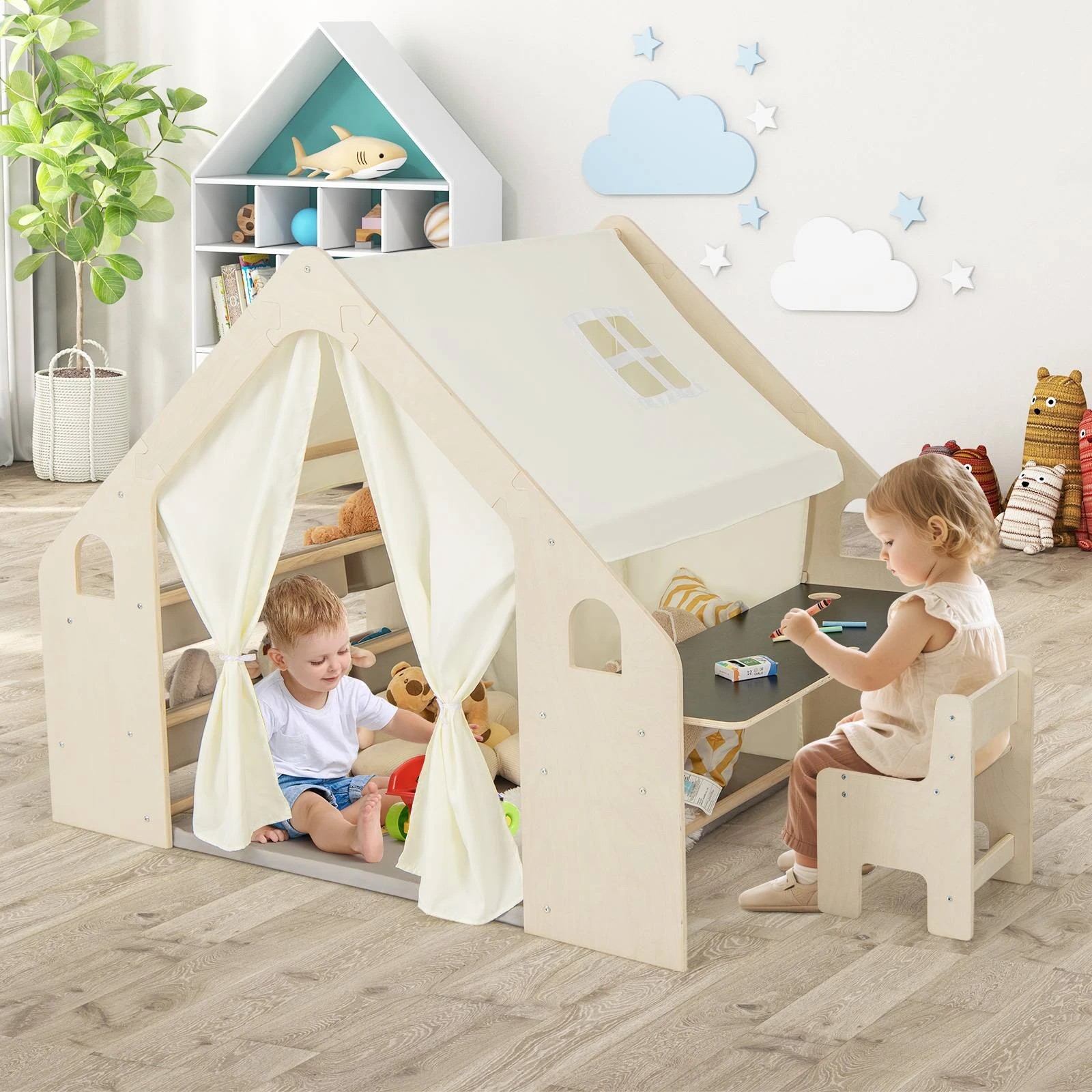 2 Costway 6-in-1 Playhouse Wooden Indoor Play Tent w/Blackboard, 2 of 2