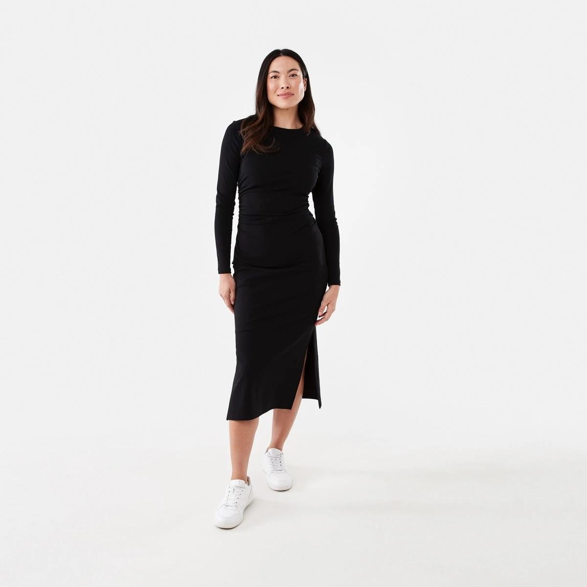 1 Long Sleeve Ruched Midi Dress Black, 1 of 6