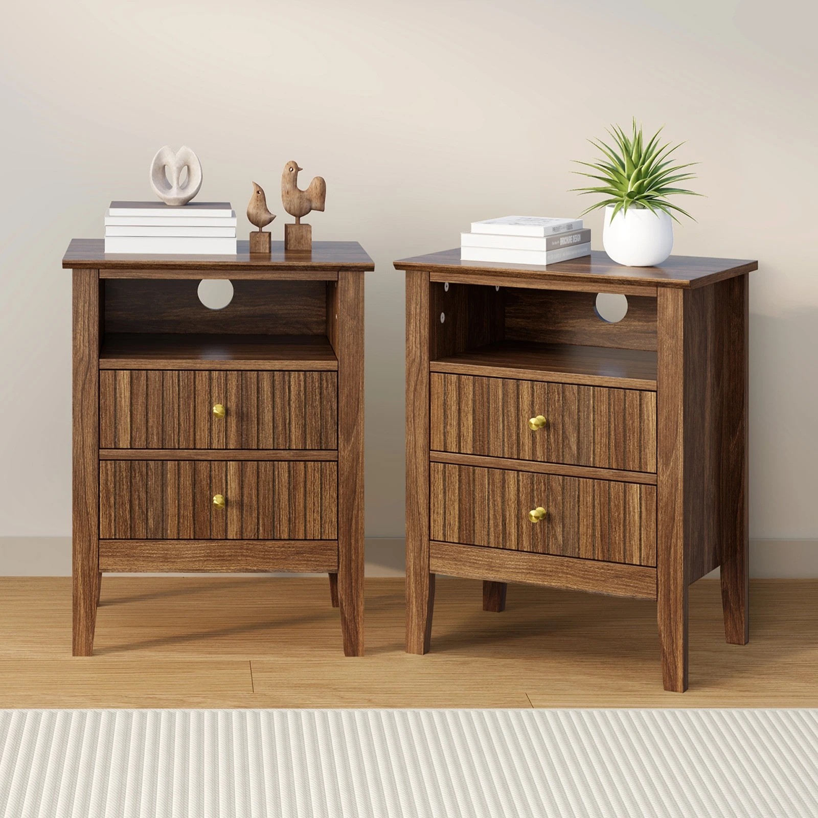 3 Oikiture 2x Bedside Table Nightstand 2 Drawer with Shelf Storage Cabinet - Brown, 3 of 9