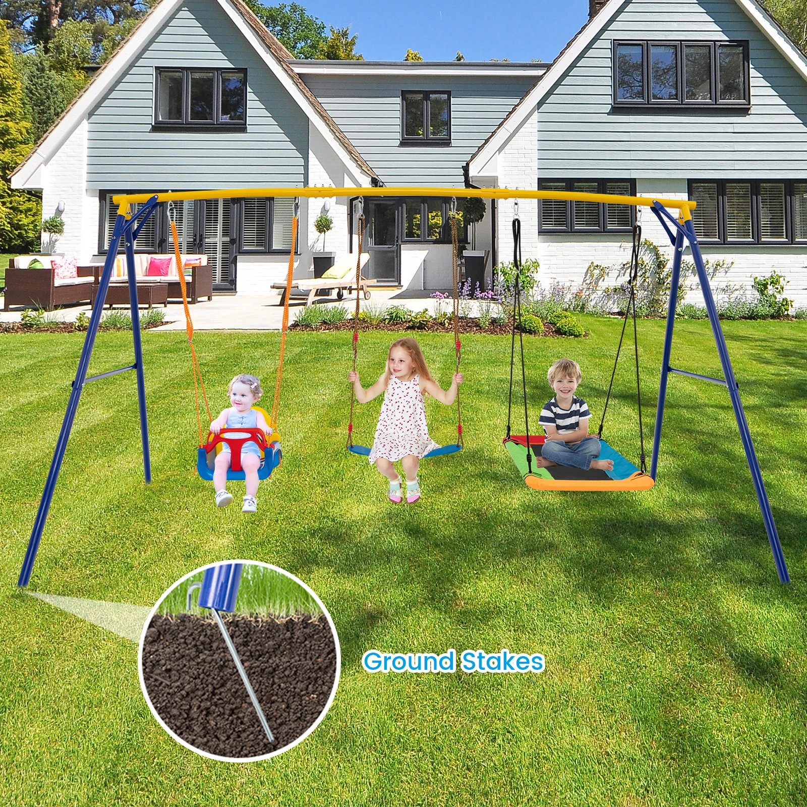 3 Costway Metal Swing Set Carbon Steel Swing Frame w/Belt, 3 of 3