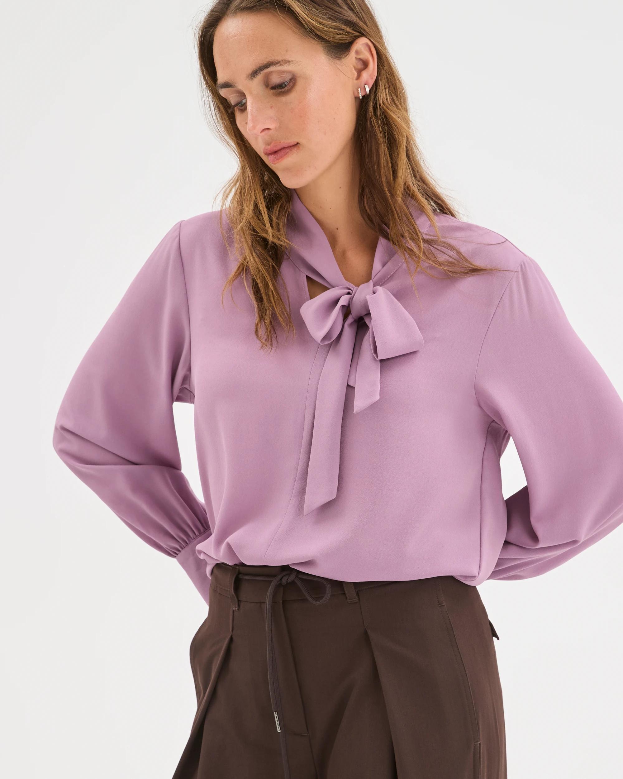 4 Preview Long Sleeve Tie Neck Blouse BERRY CREAM, 4 of 7