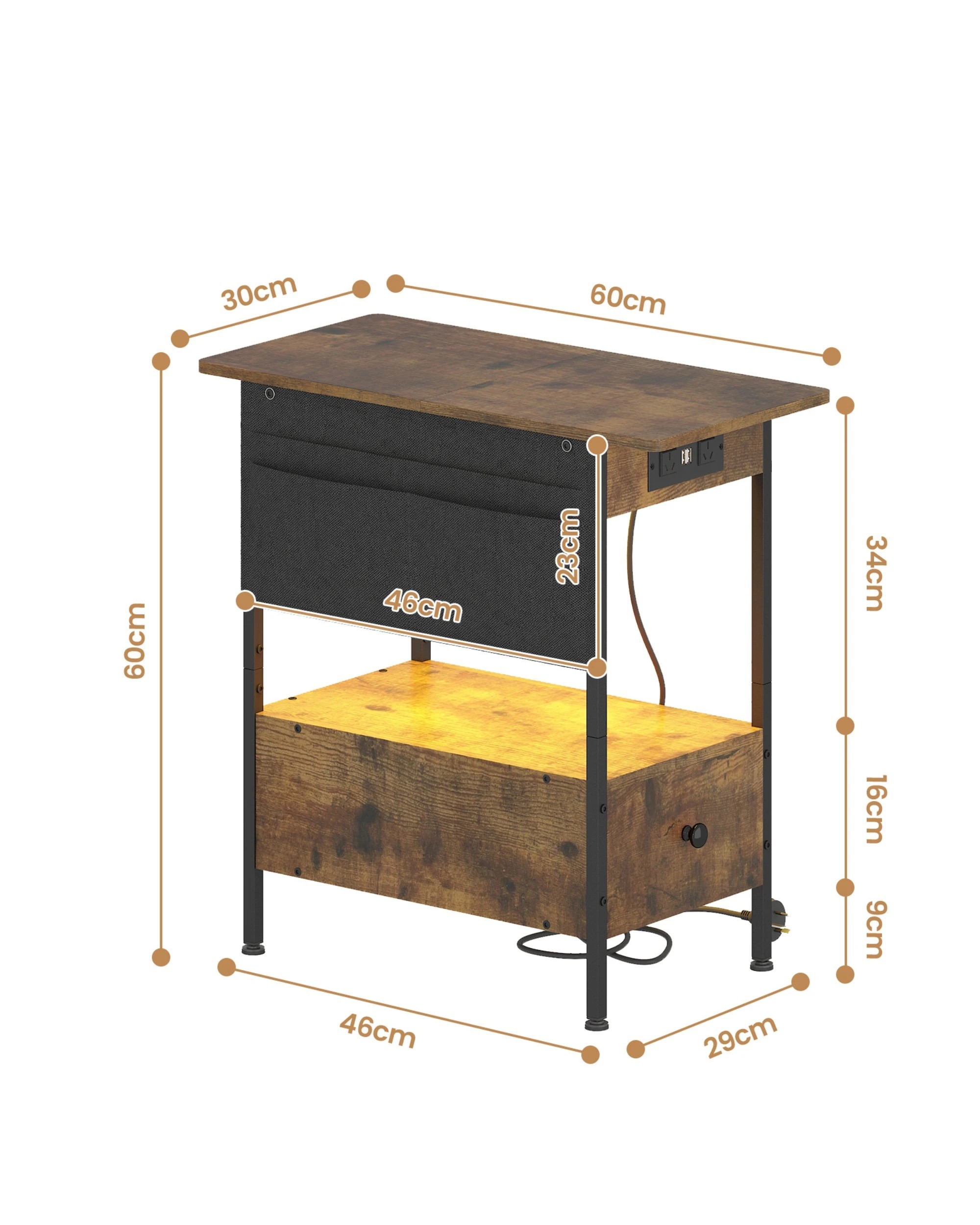 3 Advwin LED  Bedside Tables Set of 2 with Storage Pocket - Brown, 3 of 10