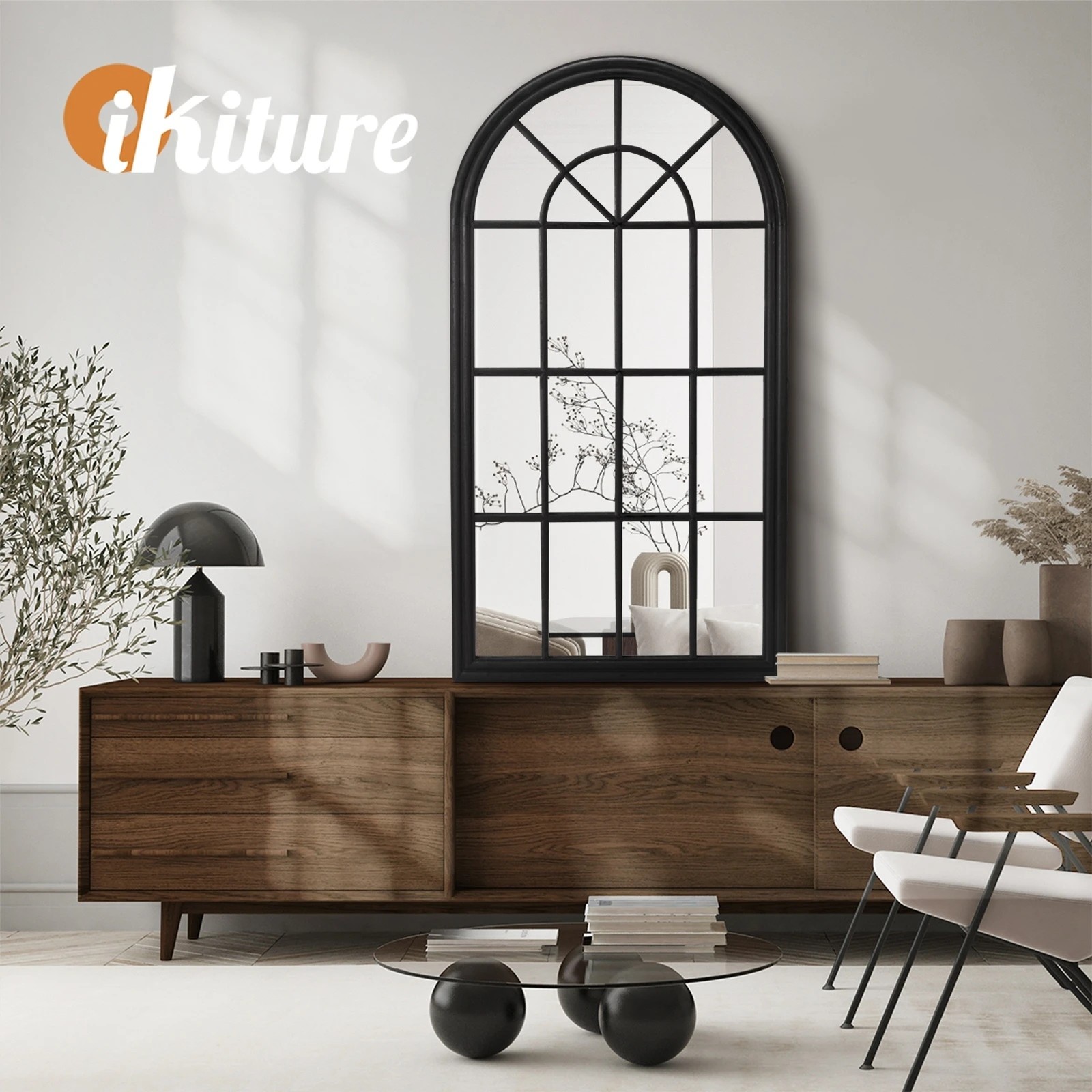 5 Oikiture Wooden Window Mirror Arched Wall Mirrors Decor 130x70cm
 - Black, 5 of 9