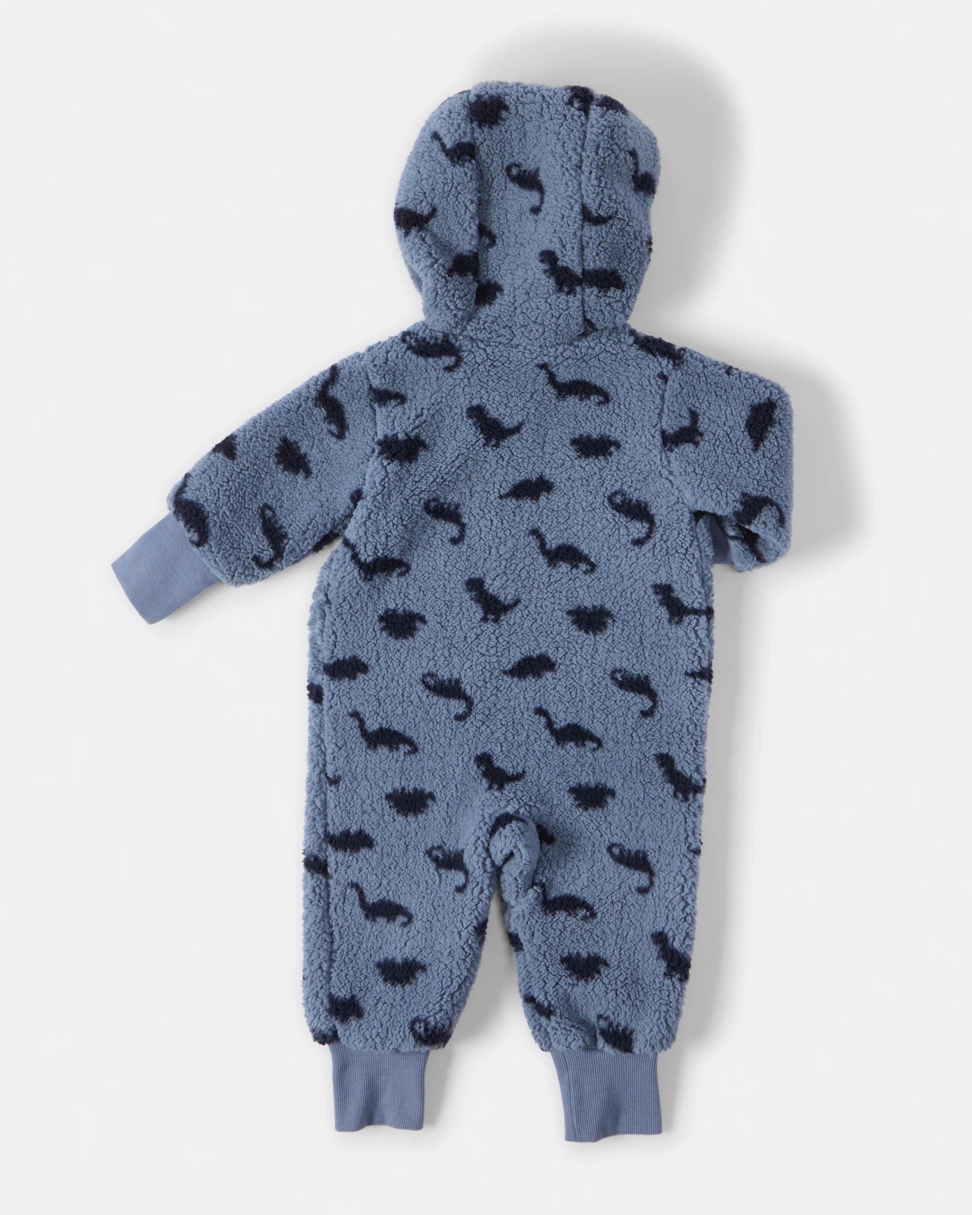 2 Printed Fluffy Pramsuit Blu Dino, 2 of 4