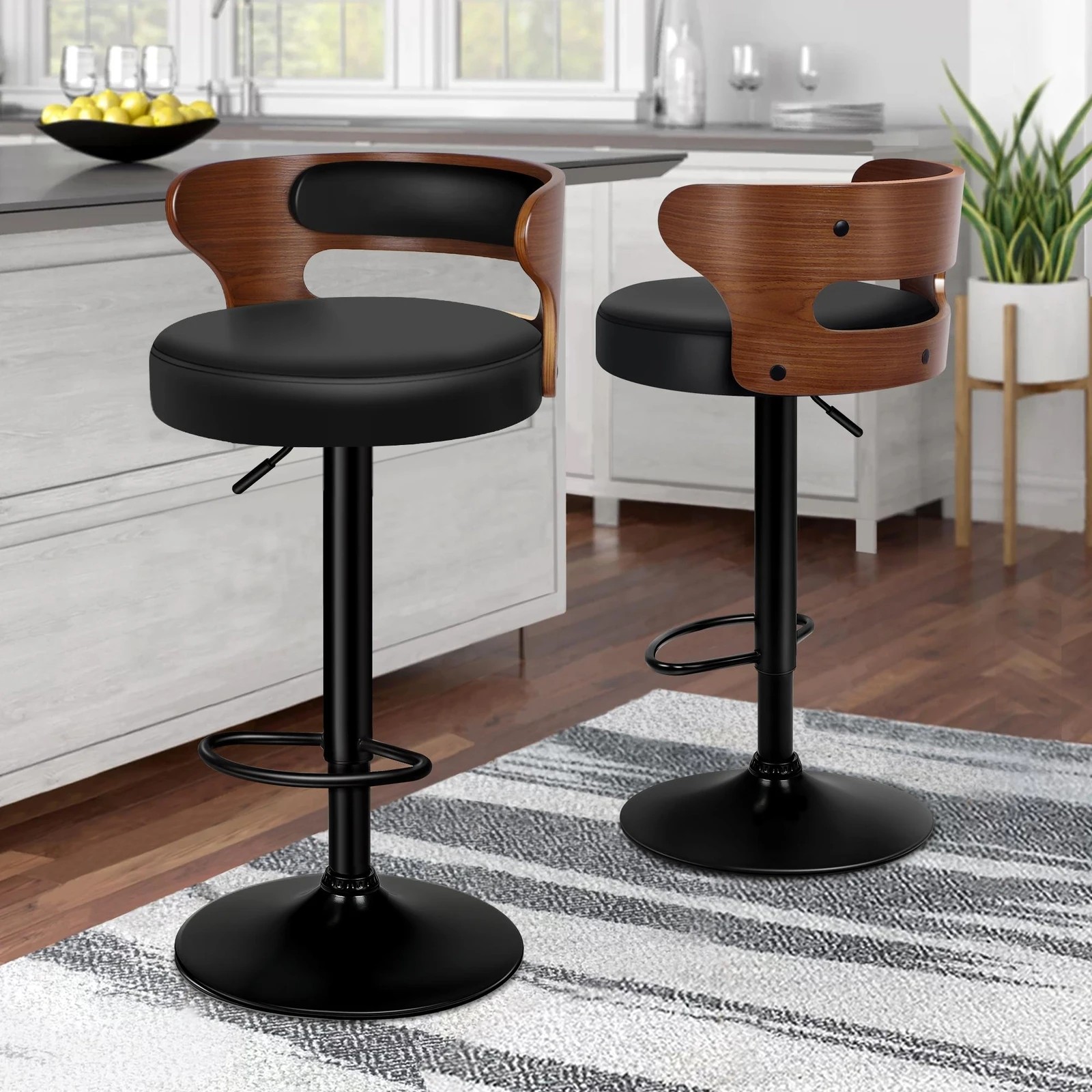 2 Alfordson 2x Bar Stool Kitchen Swivel Chair Wooden Leather Gas Lift - Black, 2 of 9