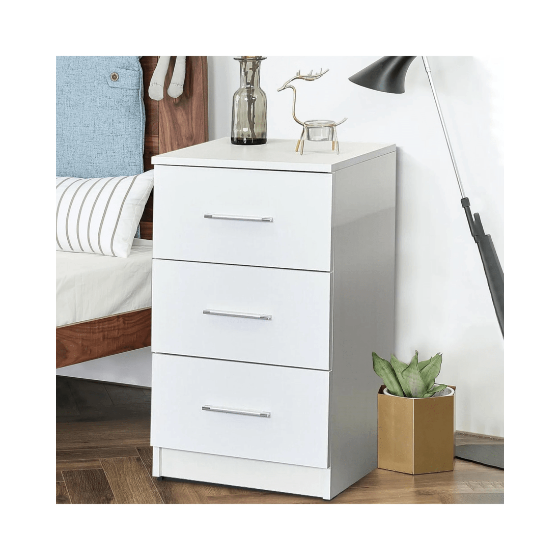 2 Advwin Bedside Table 3 Drawers 66cm Height Nightstand Storage Cabinet
 - White, 2 of 8