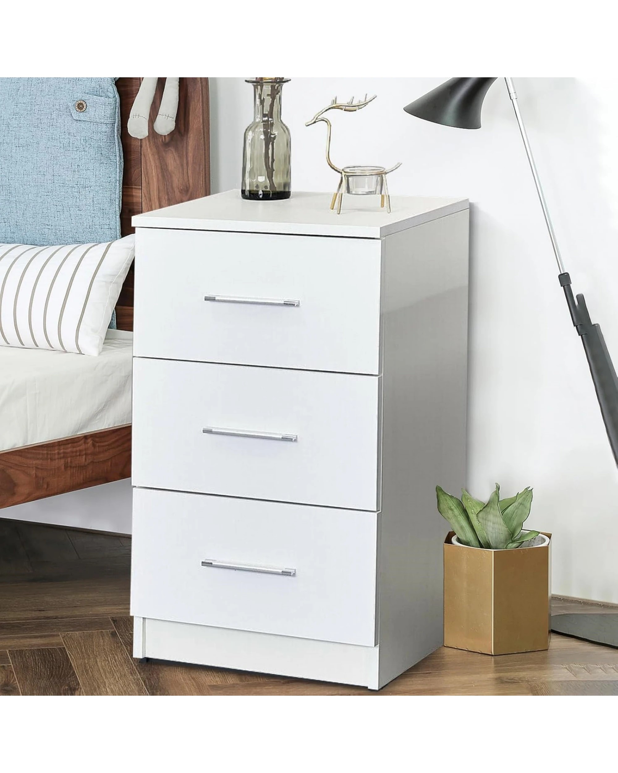 2 Advwin Bedside Table 3 Drawers 66cm Height Nightstand Storage Cabinet
 - White, 2 of 8