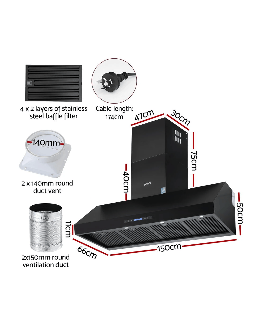 Devanti 1500mm Commercial BBQ Range Hood Dual Motor W/ Remote Control ...