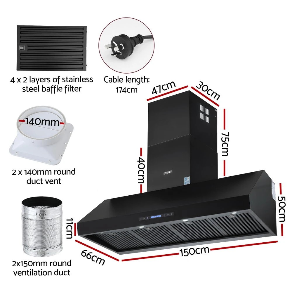 Devanti 1500mm Commercial BBQ Range Hood Dual Motor W/ Remote Control ...