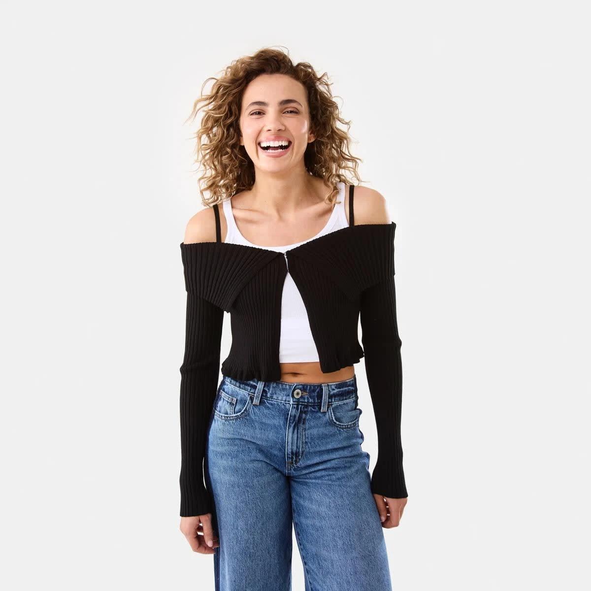 1 Long Sleeve Trim Rib Cardigan BLACK, 1 of 6