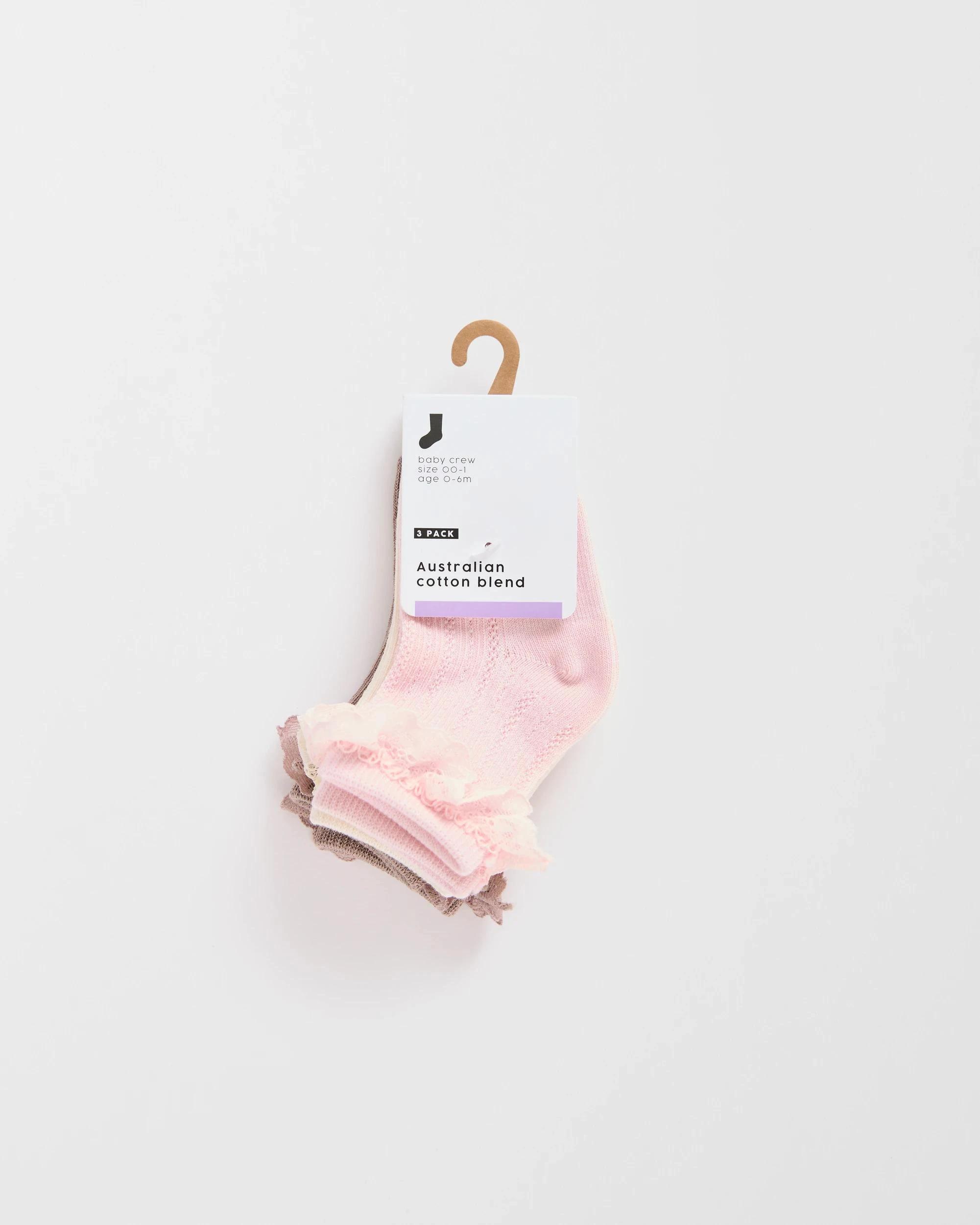 3 Target Baby Baby Australian Cotton Blend 3 Pack Textured Lace Trim Socks PINK/CREAM/BROWN, 3 of 3