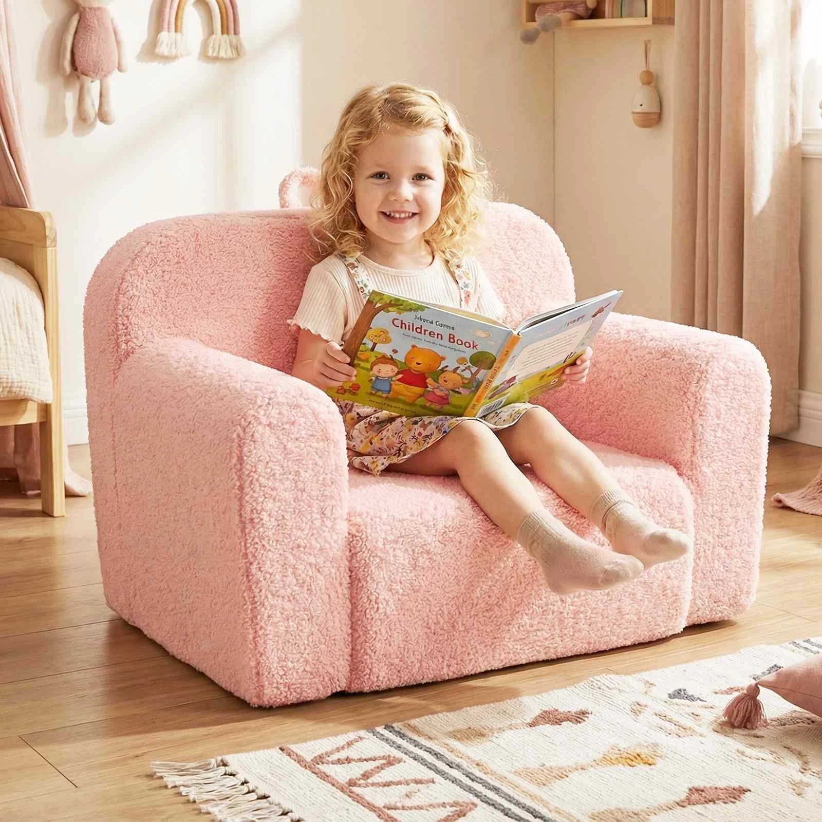 2 Costway Foam Couch Teddy Fleece Fabric Sofa Cute Reading Chair w/Handle - Pink, 2 of 2