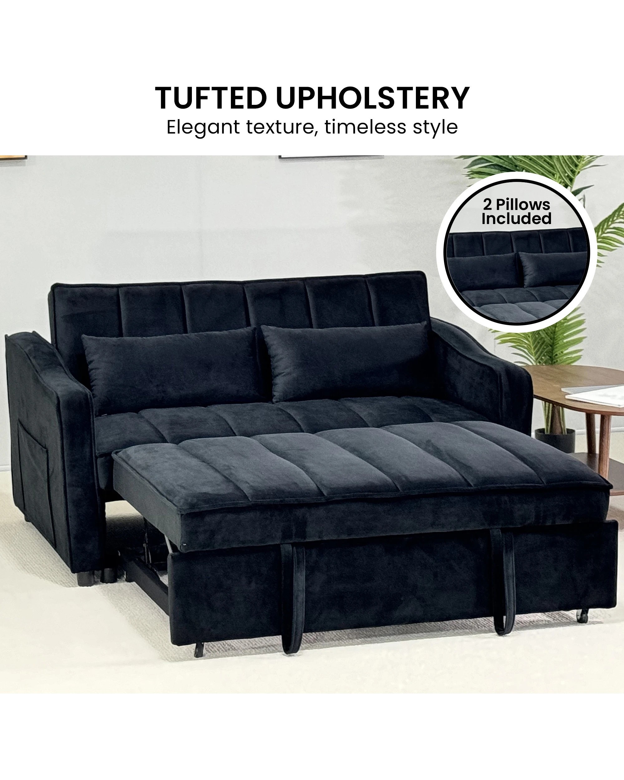 6 Sarantino Fenton Velvet 2-Seater Sofa Bed - Black, 6 of 9