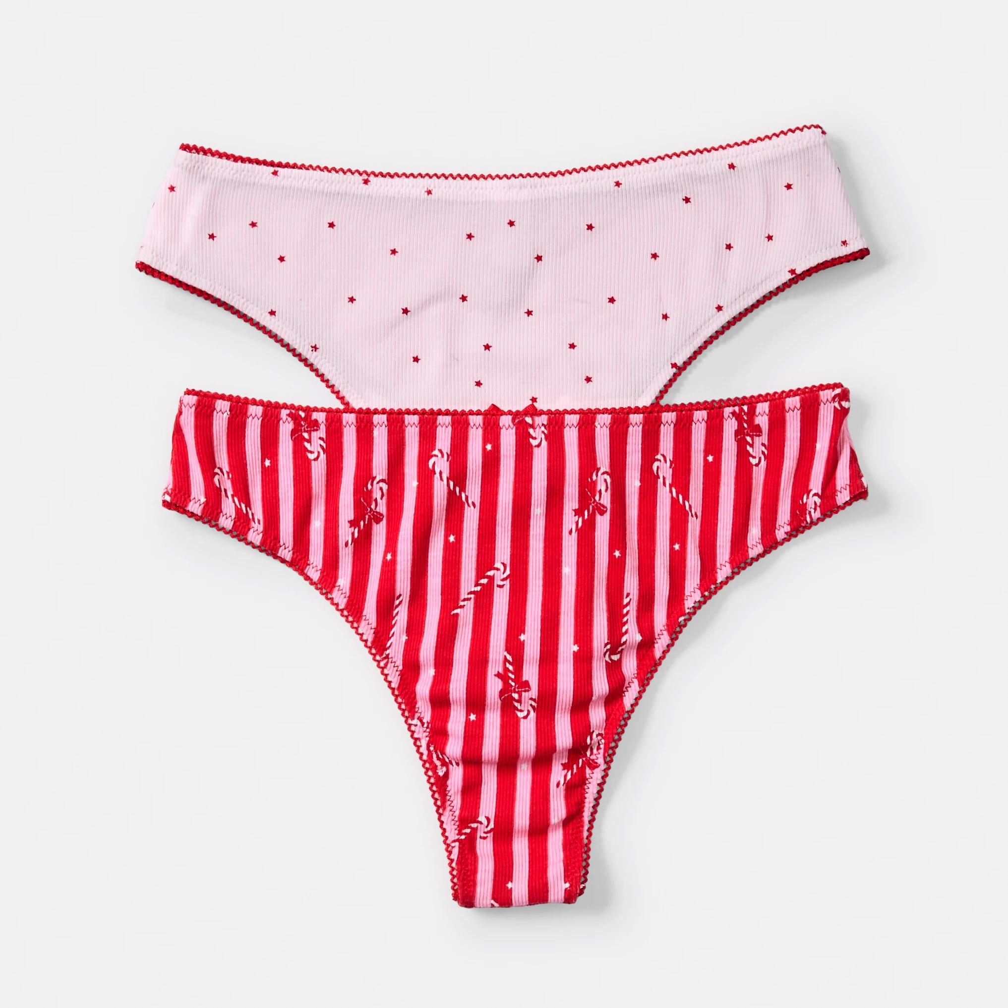 2 2 Pack Cotton Ribbed Christmas Cheeky Bikini Briefs Candy Cane, 2 of 9