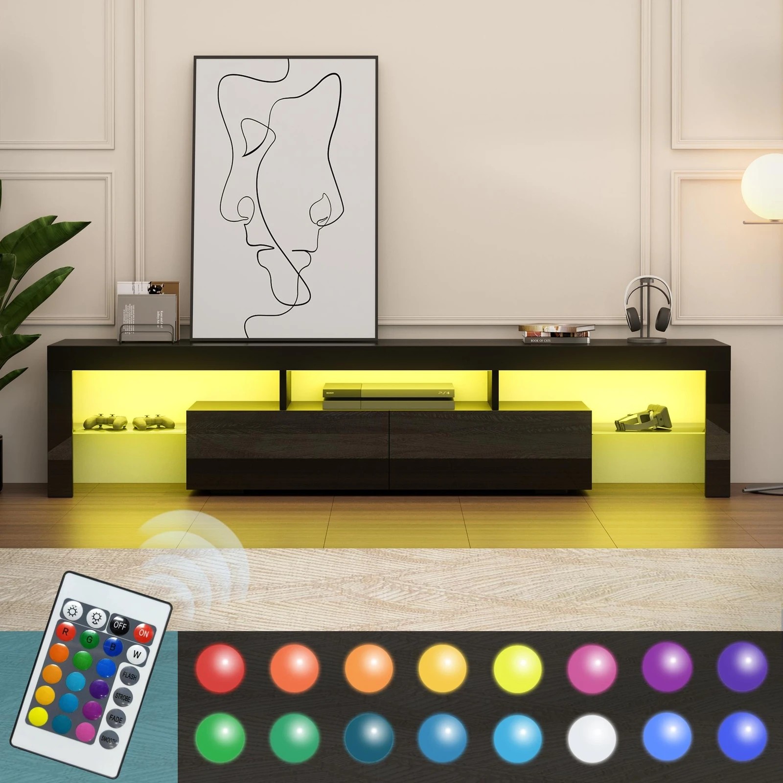 7 Alfordson Entertainment Unit 180cm TV Stand LED Light Storage Gloss - Black, 7 of 10