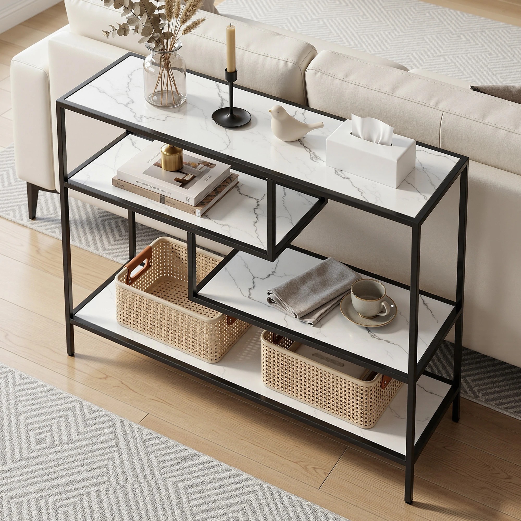 5 Artiss Console Table Entryway Hallway Marble Effect 4-Tier Storage Shelves - Black, 5 of 10