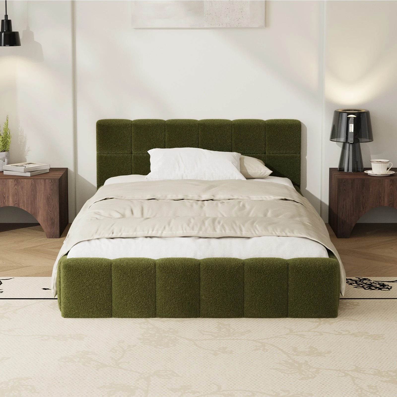 3 Oikiture Bed Frame King Single Size Tufted Headboard Boucle - Green, 3 of 9