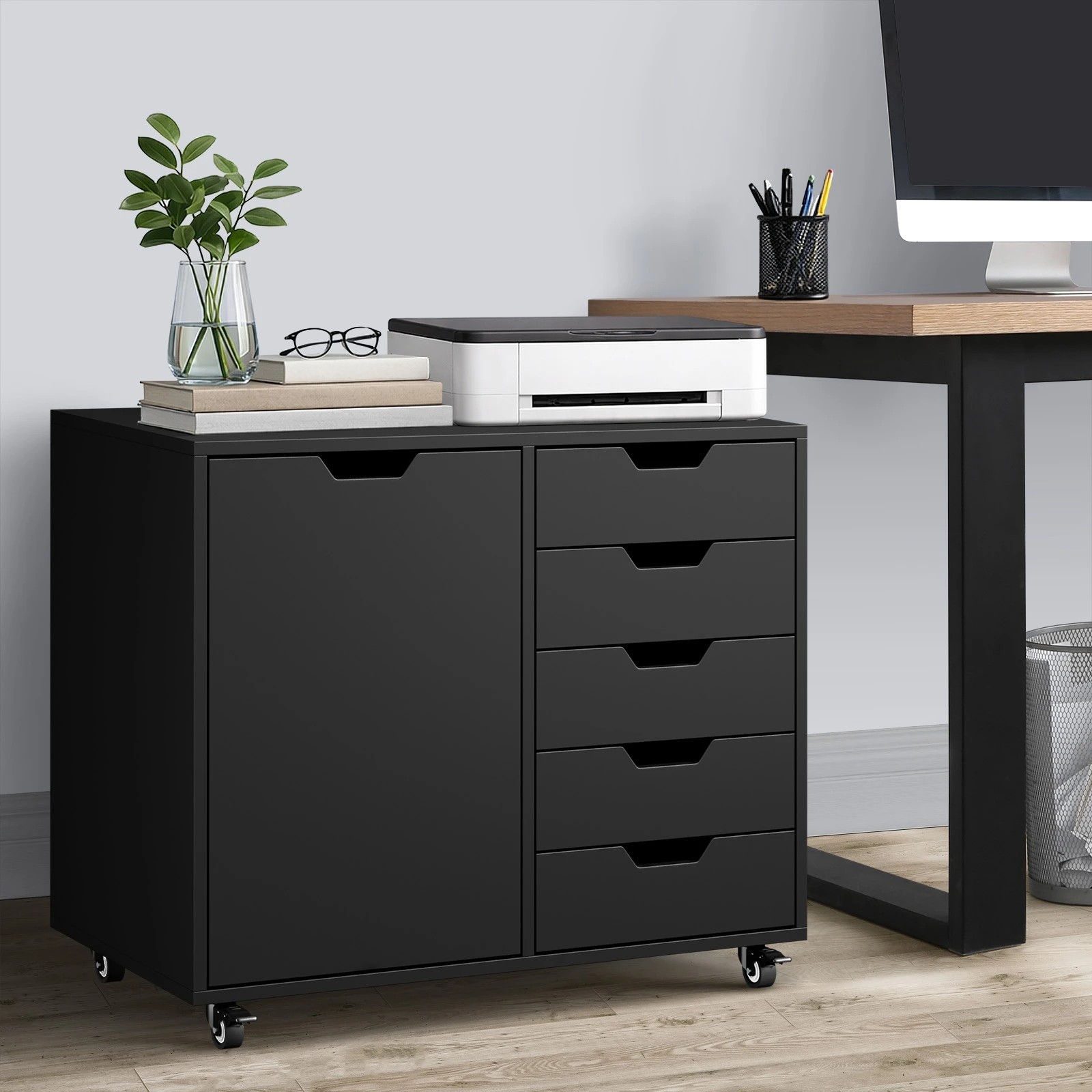 2 Oikiture Filing Cabinet 1 Door 5 Drawer Mobile Office Storage Cabinet - Black, 2 of 8