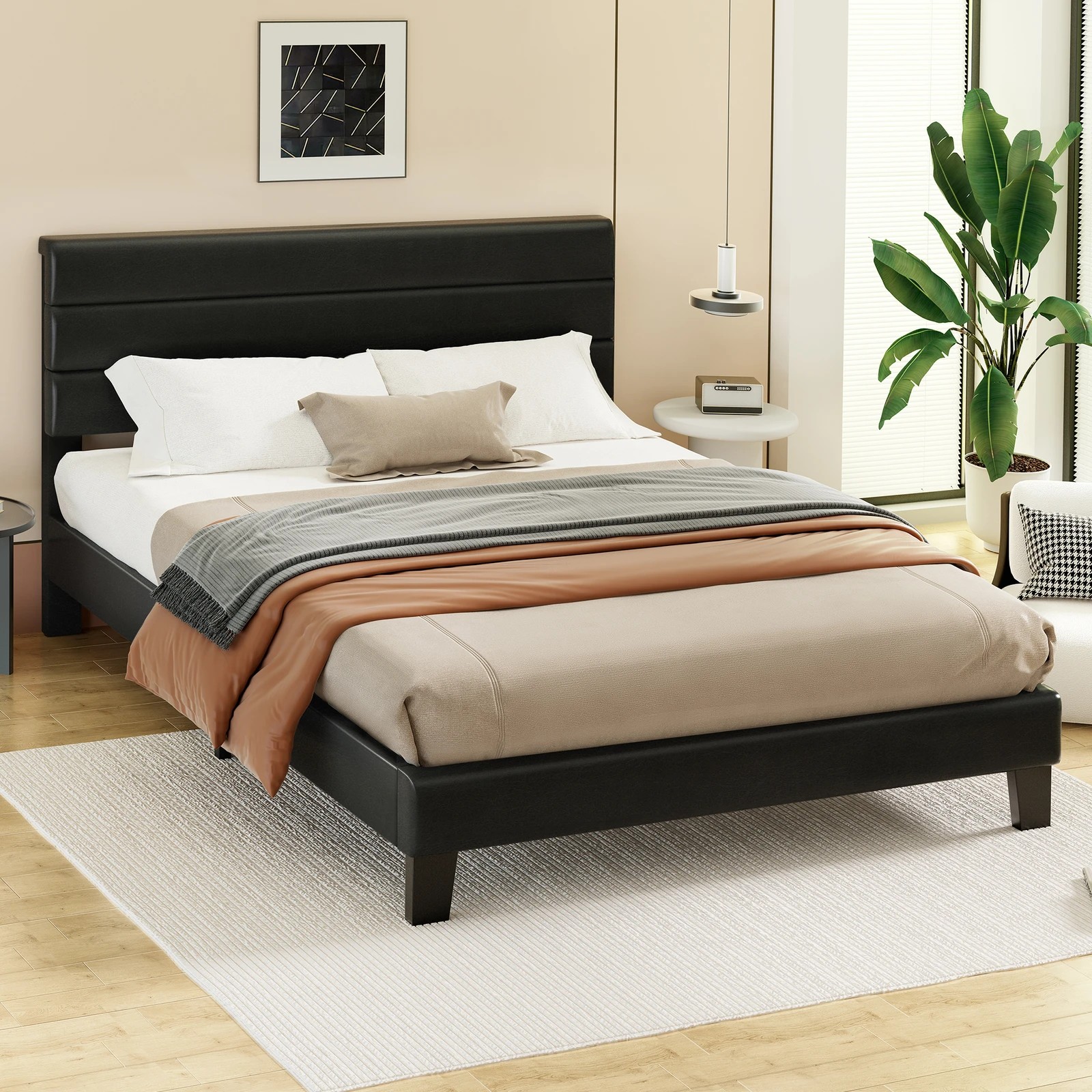 9 Alfordson Bed Frame Double Size Upholstered Platform Leather Harlene - Black, 9 of 10