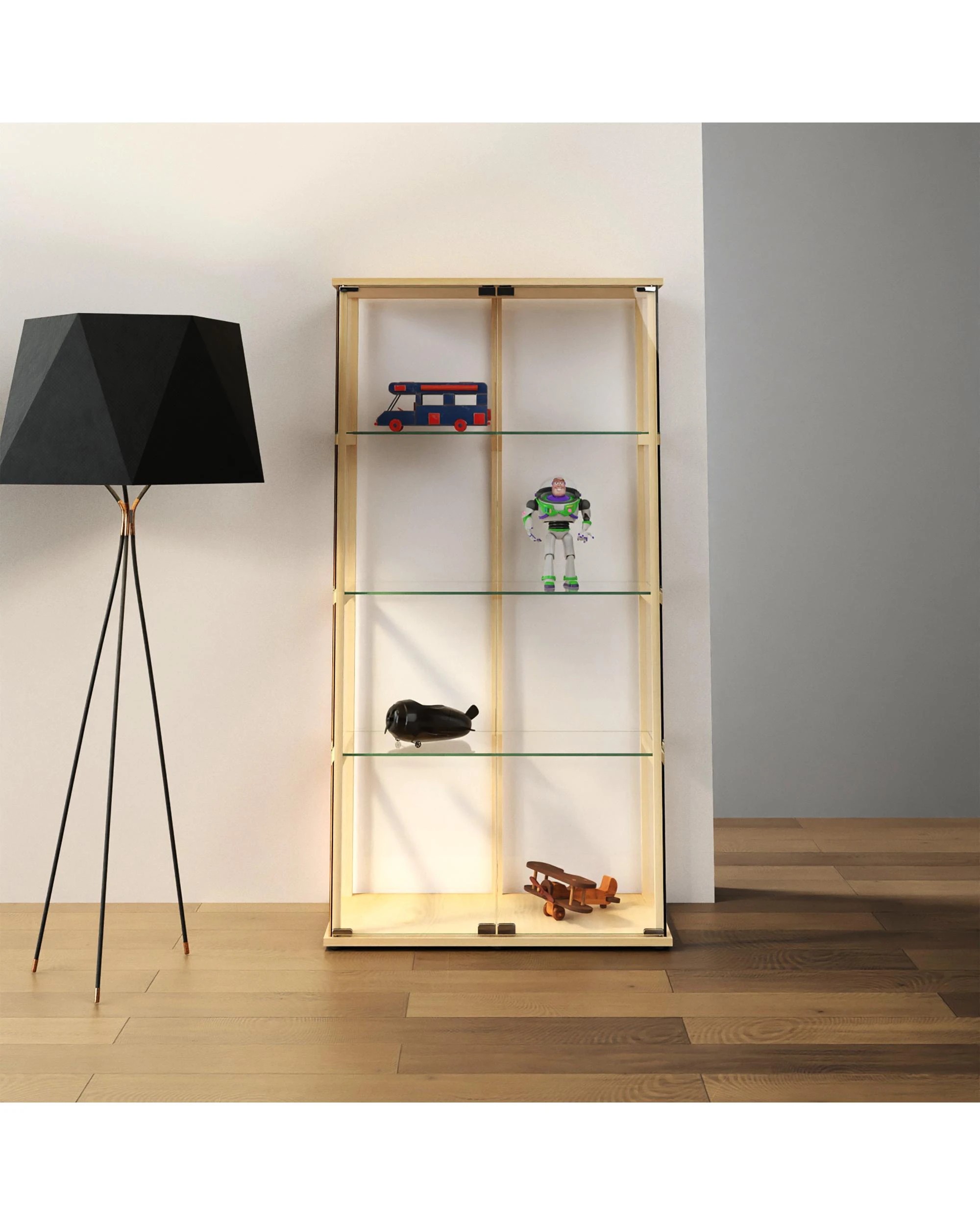 3 Kodu Glass Display 4 Tier Cabinet Trophy Display Storage Shelf 2 Door Beech - Natural, 3 of 7